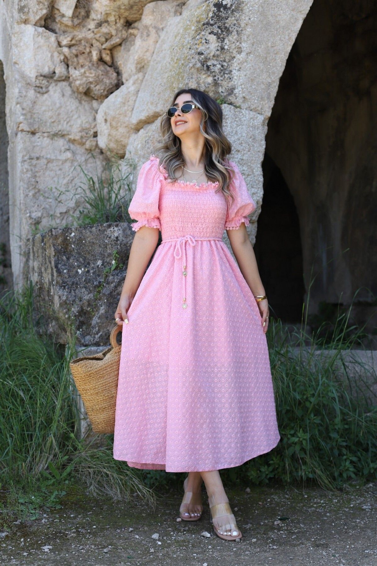 bytugcekaya Pembe Balon Kollu Gipeli Brode Elbise