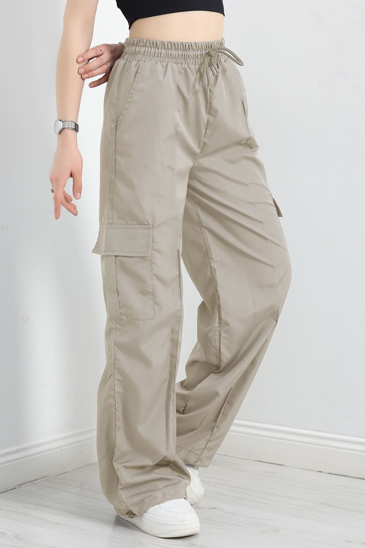 OXVİN Kadın Oversize Paraşüt Kumaş Kargo Cep, Paça Klipsli, Baggy Pantolon
