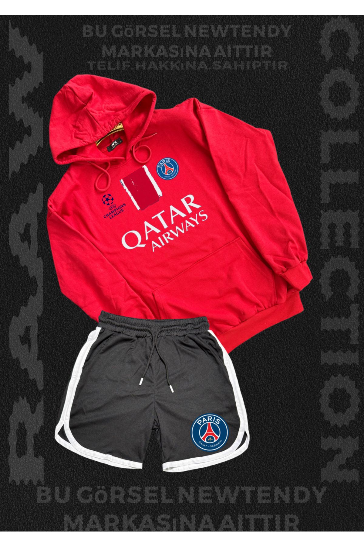 Minikelya Paris Sweatshirt Şort Takım Erkek Kapüşonlu Üst Gri siyah kırmızı Alt Spor Taraftar Kombin