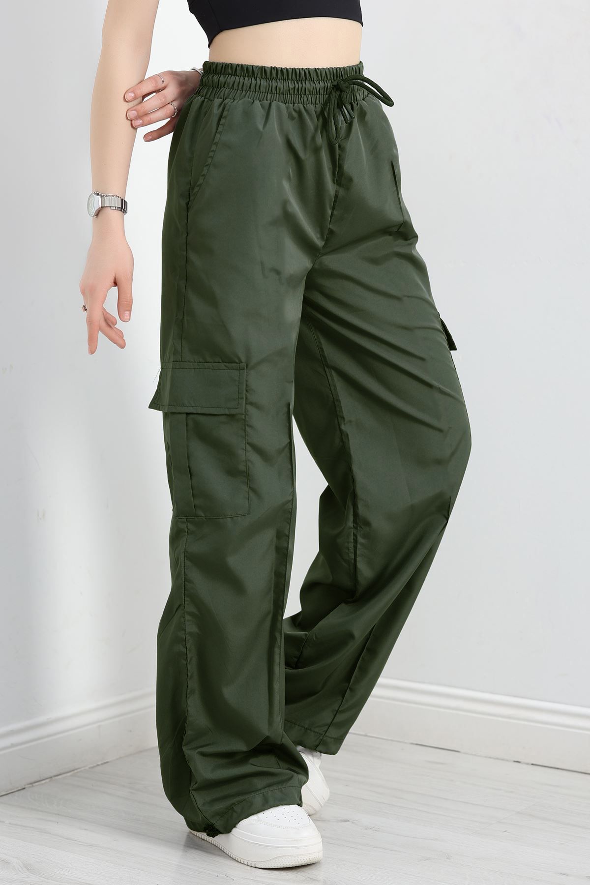 OXVİN Kadın Oversize Paraşüt Kumaş Kargo Cep, Paça Klipsli, Baggy Pantolon