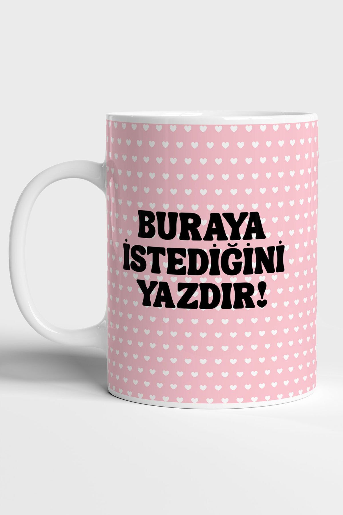 GRN TASARIM Pembe Beyaz Kalp Detaylı Kişileştirilebilir Kupa Bardak Tasarımı ( 1 Adet )