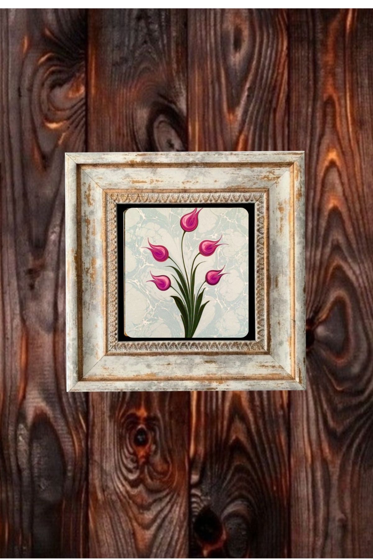 STONEVİVEART Ebruli laleler duvar tablo 20x20cm doğal taş duvar dekoru 3 adet
