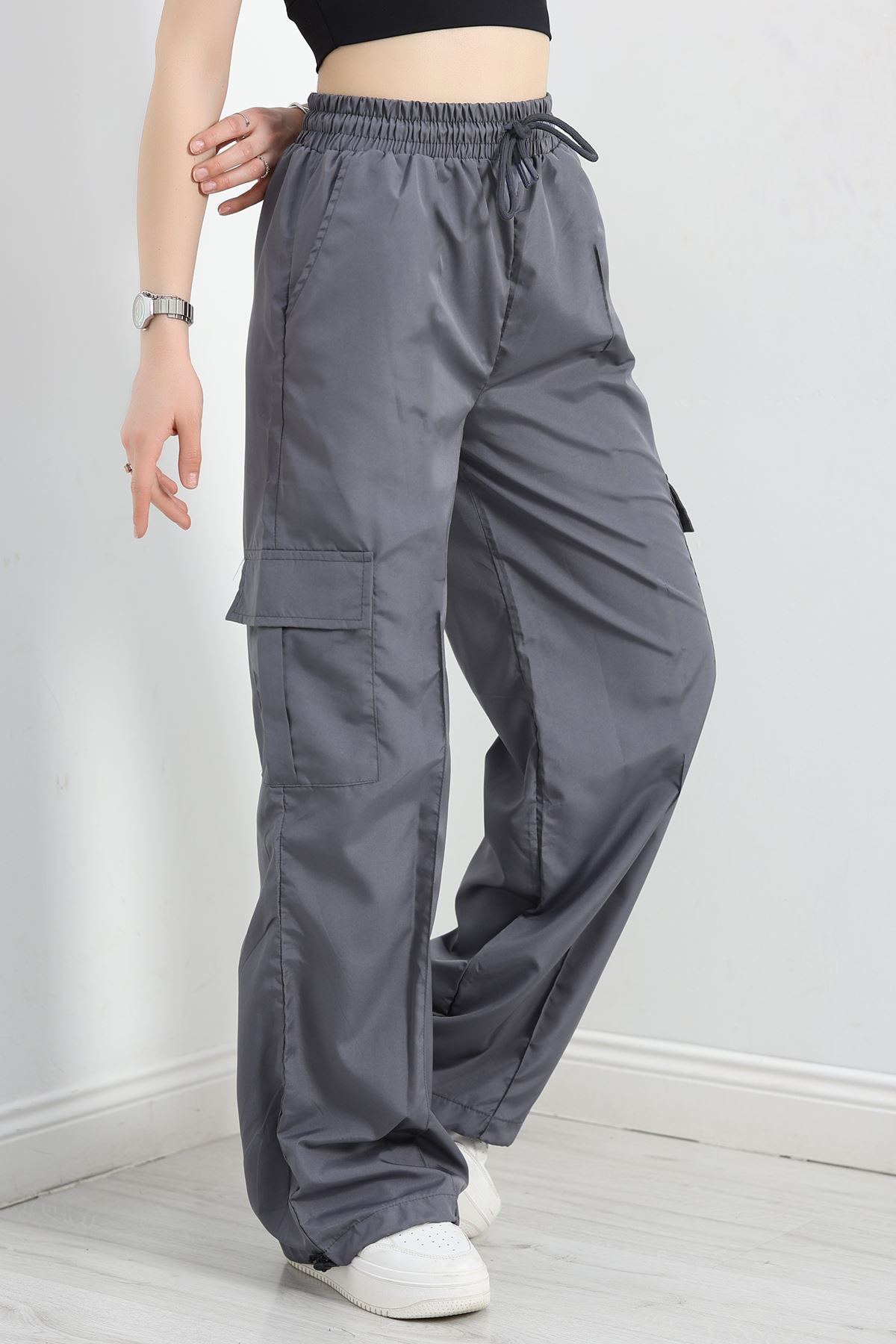 OXVİN Kadın Oversize Paraşüt Kumaş Kargo Cep, Paça Klipsli, Baggy Pantolon