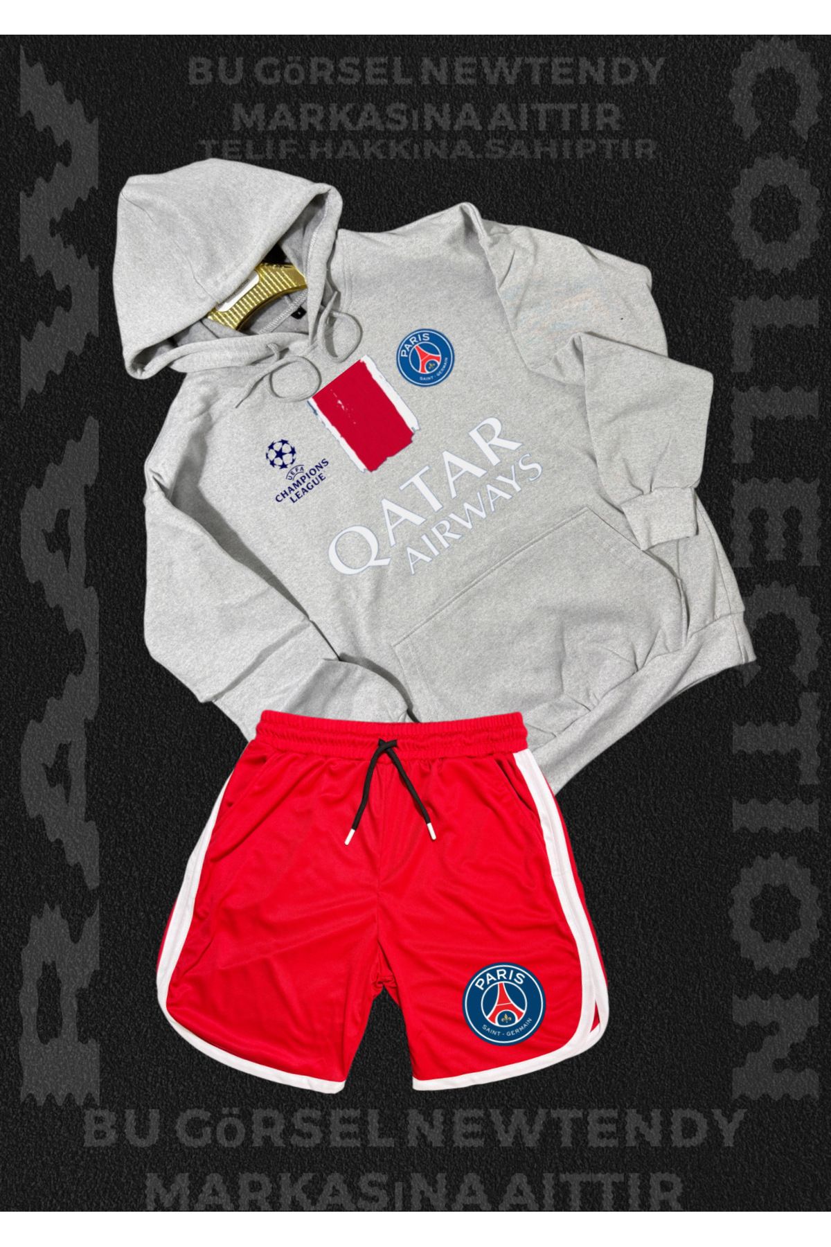 Minikelya Paris Sweatshirt Şort Takım Erkek Kapüşonlu Üst Gri siyah kırmızı Alt Spor Taraftar Kombin