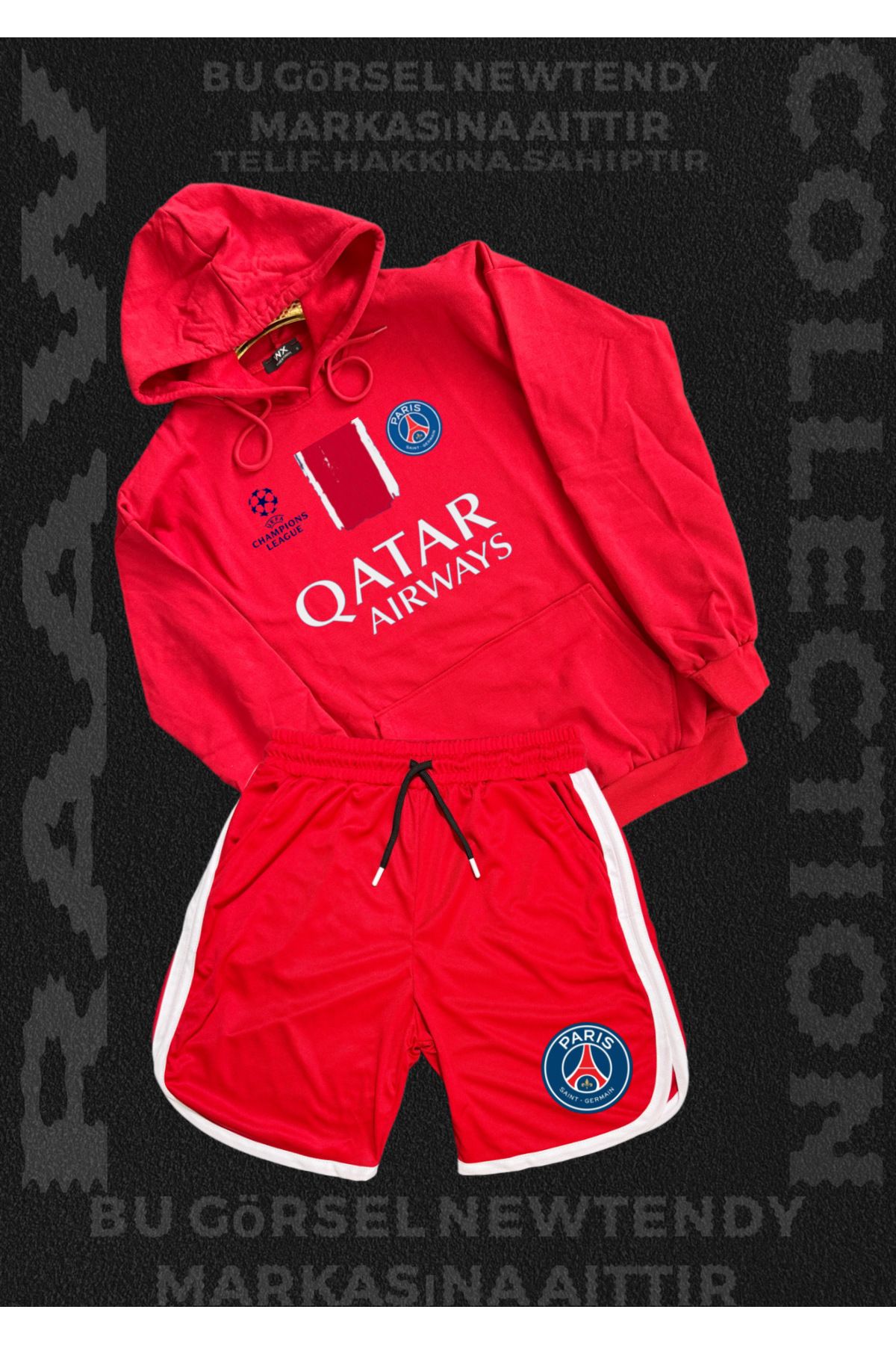 Minikelya Paris Sweatshirt Şort Takım Erkek Kapüşonlu Üst Gri siyah kırmızı Alt Spor Taraftar Kombin