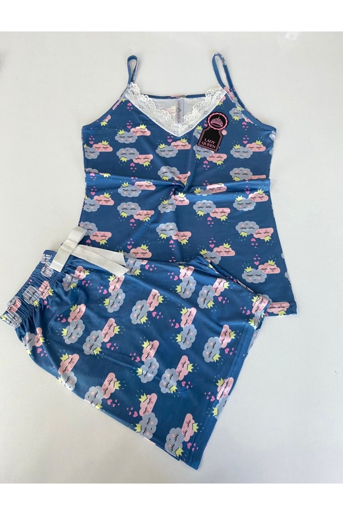 Lady Queen Kadın ince askılı bamboo mavi şortlu pijama takımı
