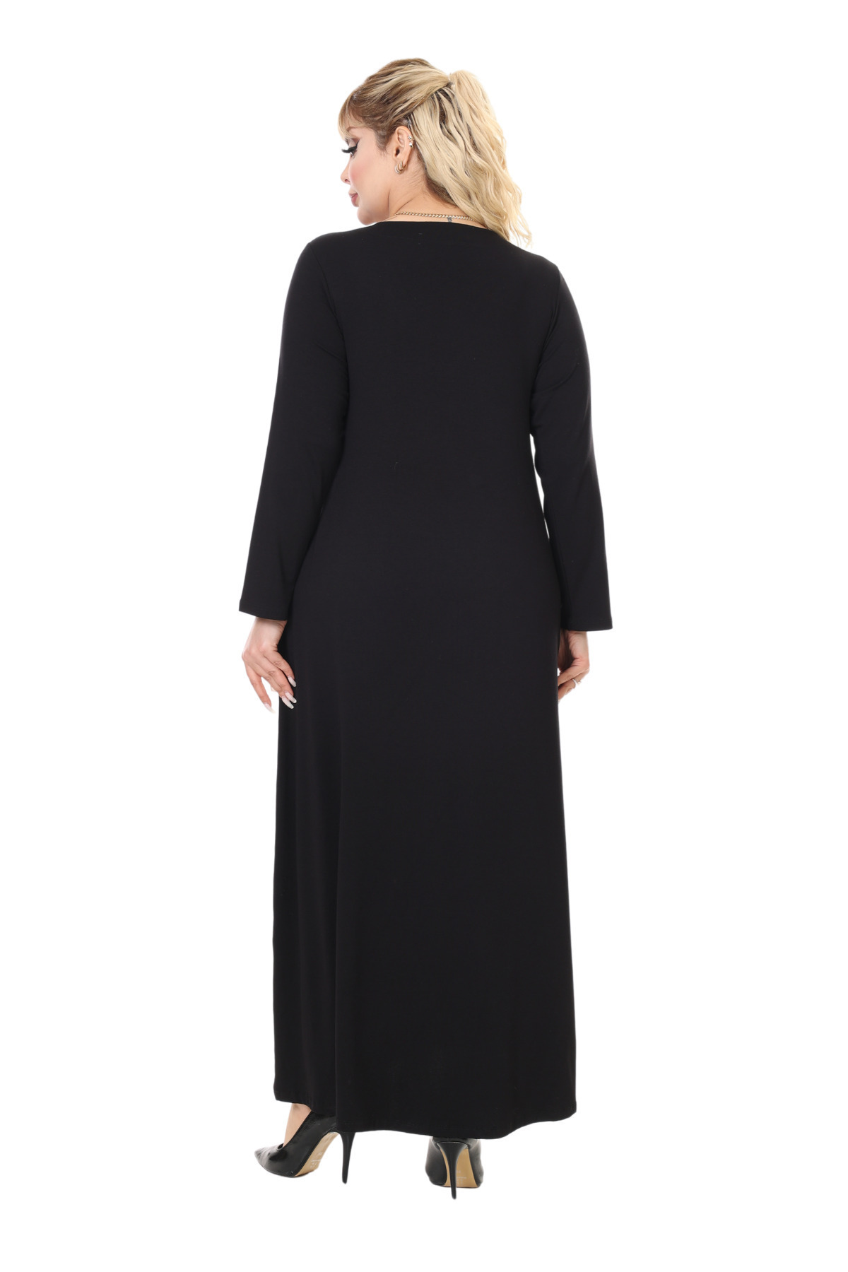 MELSAY-Women's Long Sleeve Black Guipure Collar Detailed Large Size Long Dress 5