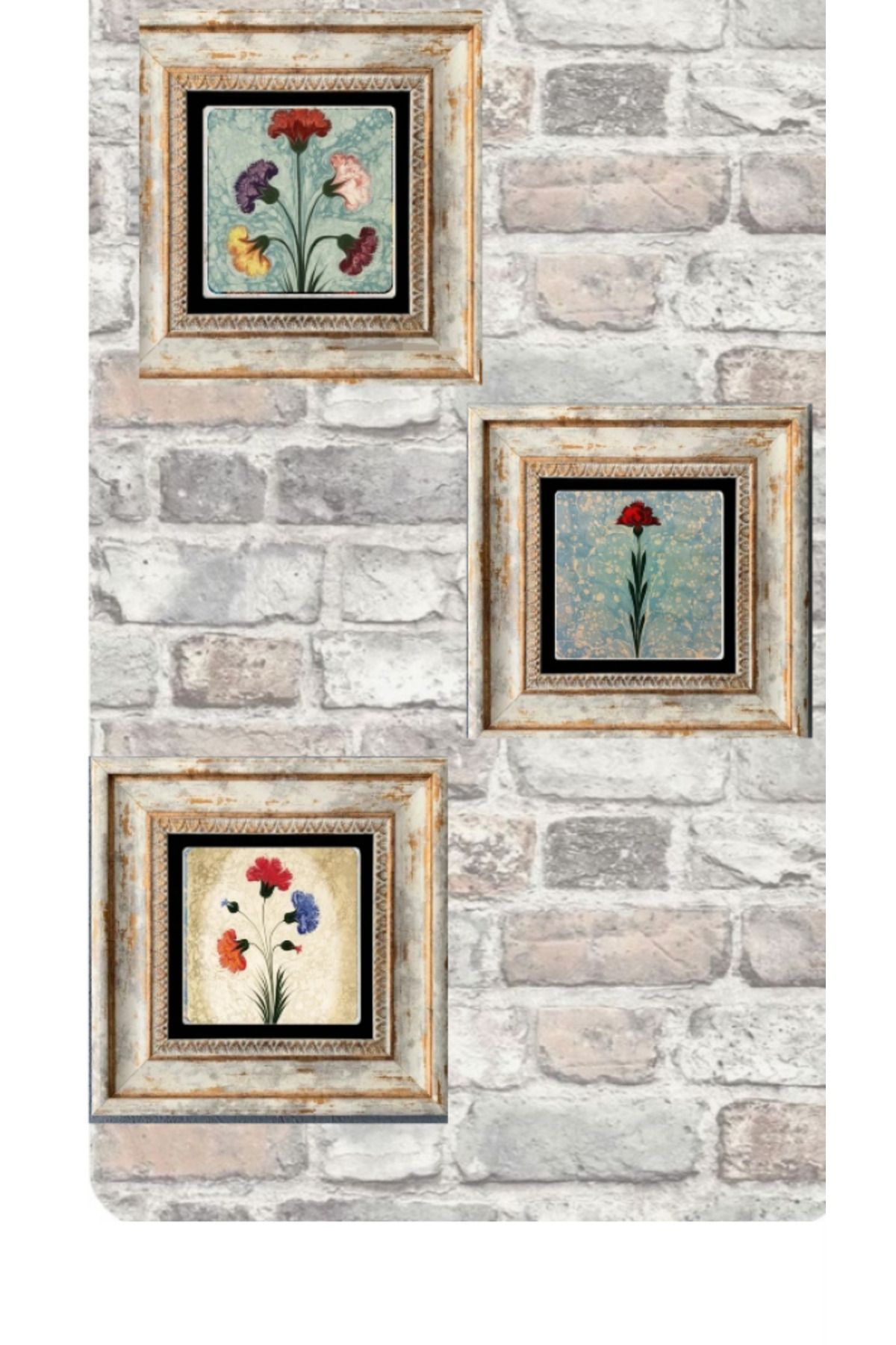 STONEVİVEART Ebruli Karanfiller Duvar Tablosu 20x20Cm Doğal Taş Duvar Dekoru 3 Adet
