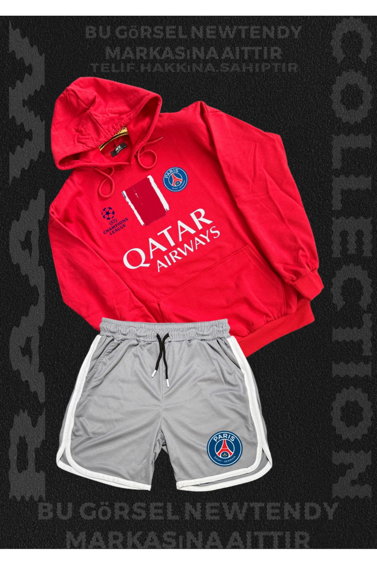 Minikelya Paris Sweatshirt Şort Takım Erkek Kapüşonlu Üst Gri siyah kırmızı Alt Spor Taraftar Kombin