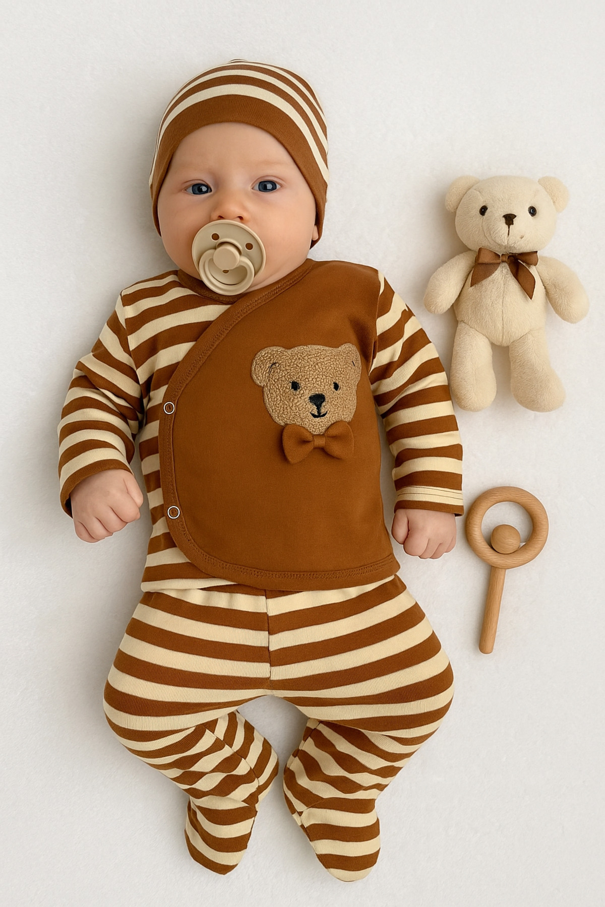 VERONA TARZ Erkek Bebek Ayıcık Desenli Çizgili 3lü Hastane Çıkış Seti Pamuklu Yenidoğan Kıyafeti 50-56cm 0-3 ay