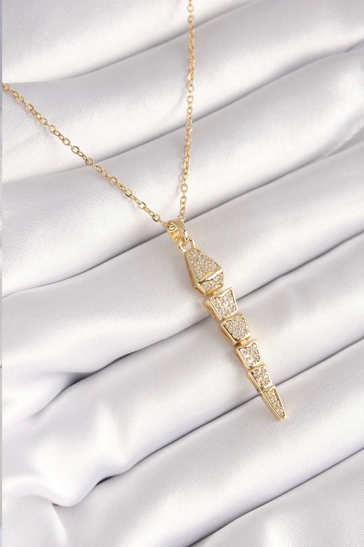 Clariss 316L Çelik Gold Renk Zirkon Taşlı Sallantı Yılan Model Kadın Kolye