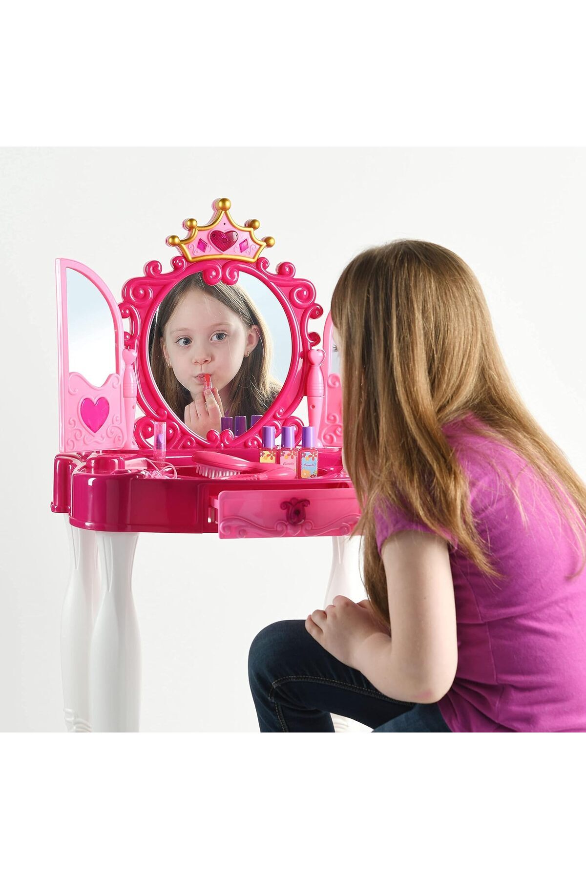 مجموعة ألعاب فانيتي للبنات مع مرآة وكرسي مكونة من 20 قطعة تتضمن إكسسوارات الشعر والمكياج