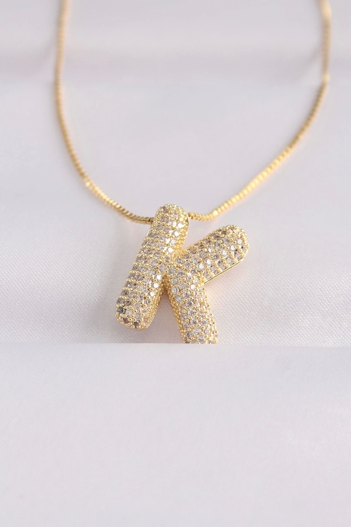 Clariss 316L Çelik Zincirli Zirkon Taşlı K Harfli Gold Renk Bubble Kolye