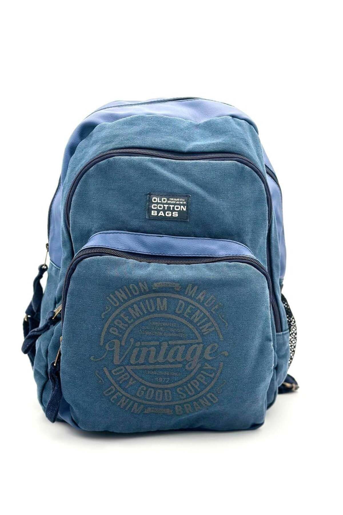 Old Cotton 7184 Revilla Lacivert Sırt Okul seyahat 15.6 Inç Laptop Notebook Spor Kanvas Pamuk Kumaş Çantası
