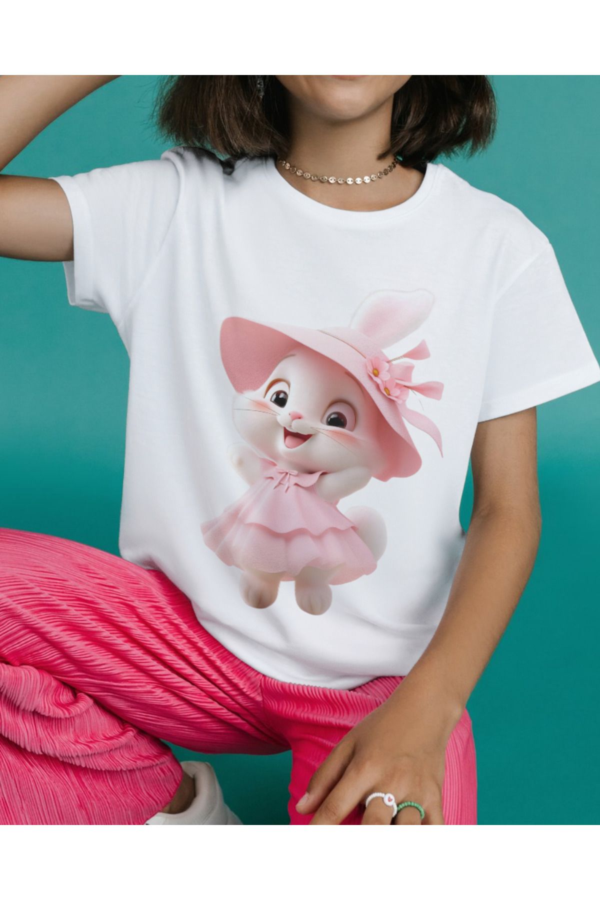 Ebiidesign Çiftler İçin Sevimli Tavşanlar Tasarımlı Baskılı T-Shirt