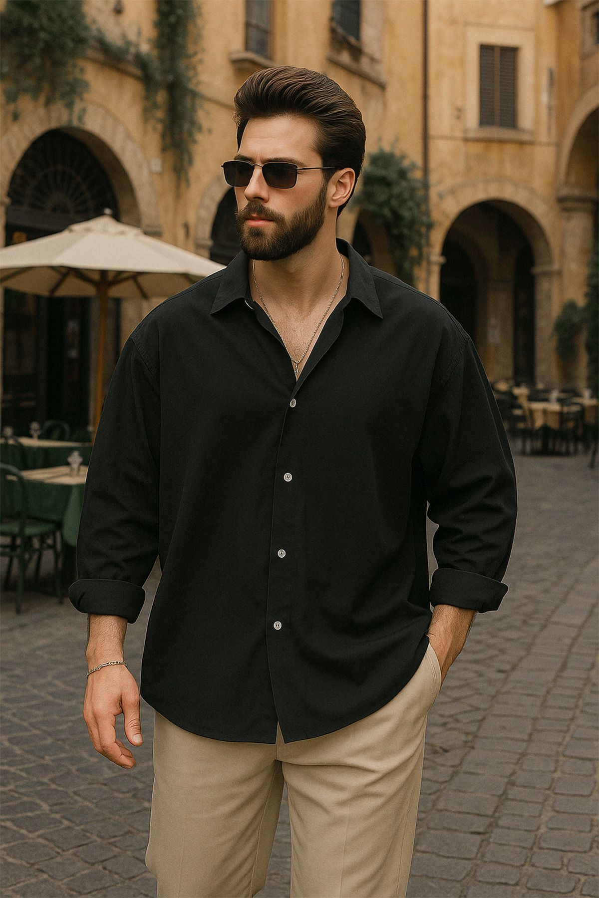 MANMARK Premium Erkek Oversize Siyah Gömlek - Salaş Fit Düşük Omuz Günlük Şık Yazlık Sokak Stili