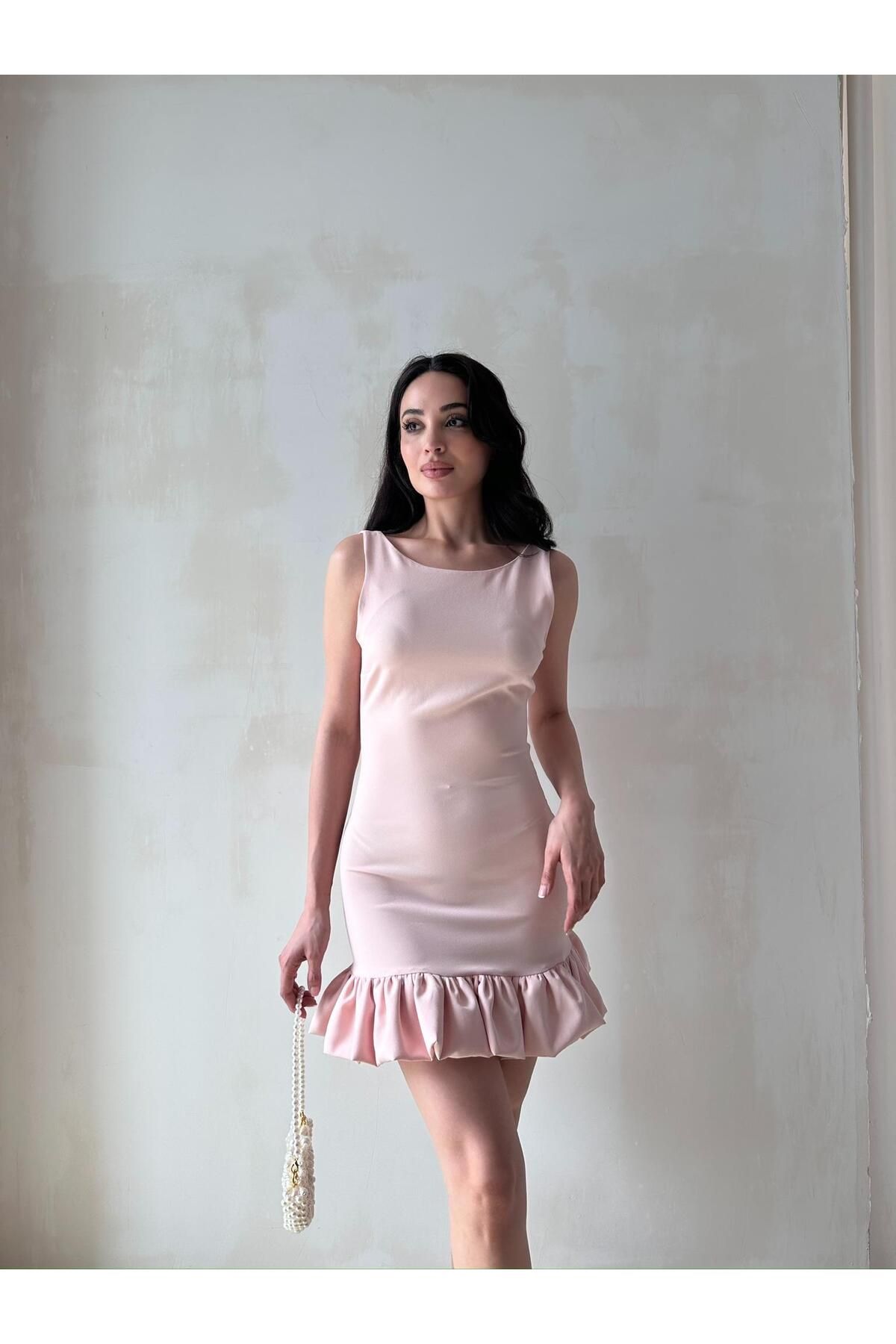 Mooi Butik BROCA Mini Elbise 0980 - Pudra