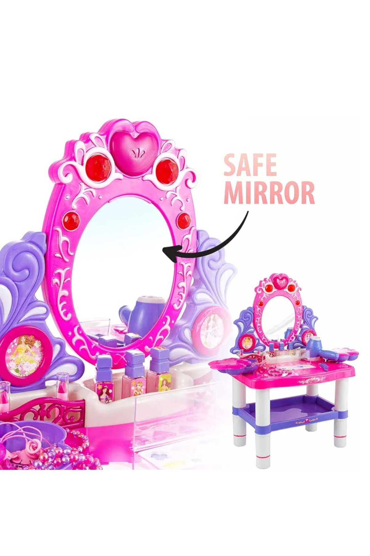 👑 طاولة مكياج فانيتي بيوتي للبنات 16قطعة مع مرآة وأضواء وأصوات ومجفف شعر وكرسي صغير ✨