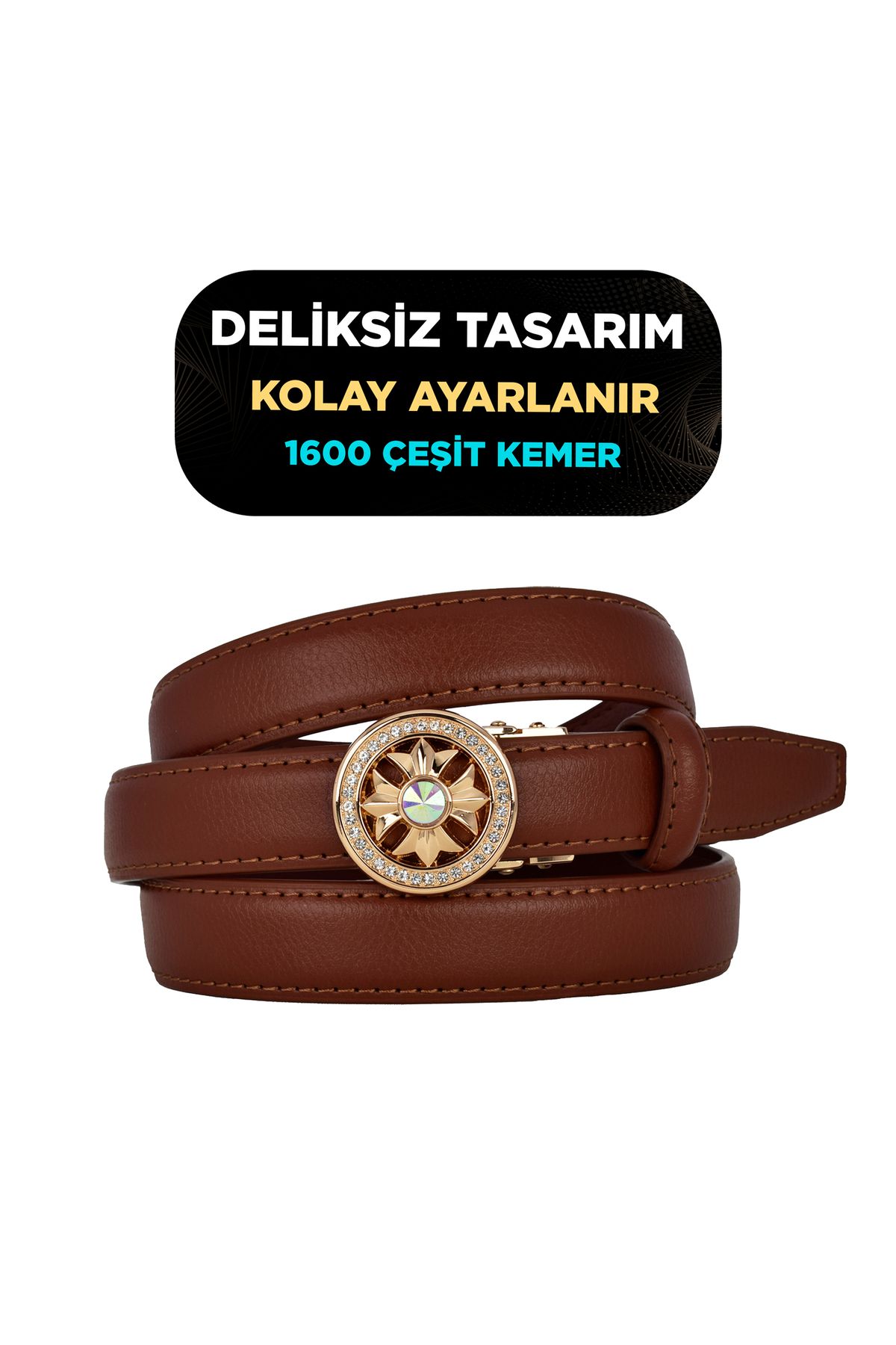 GoDeri Otomatik Tokalı, Deliksiz Taba Kadın Kemeri, Pantolon Kemeri, Elbise Kemeri, 2.5 cm_auto
