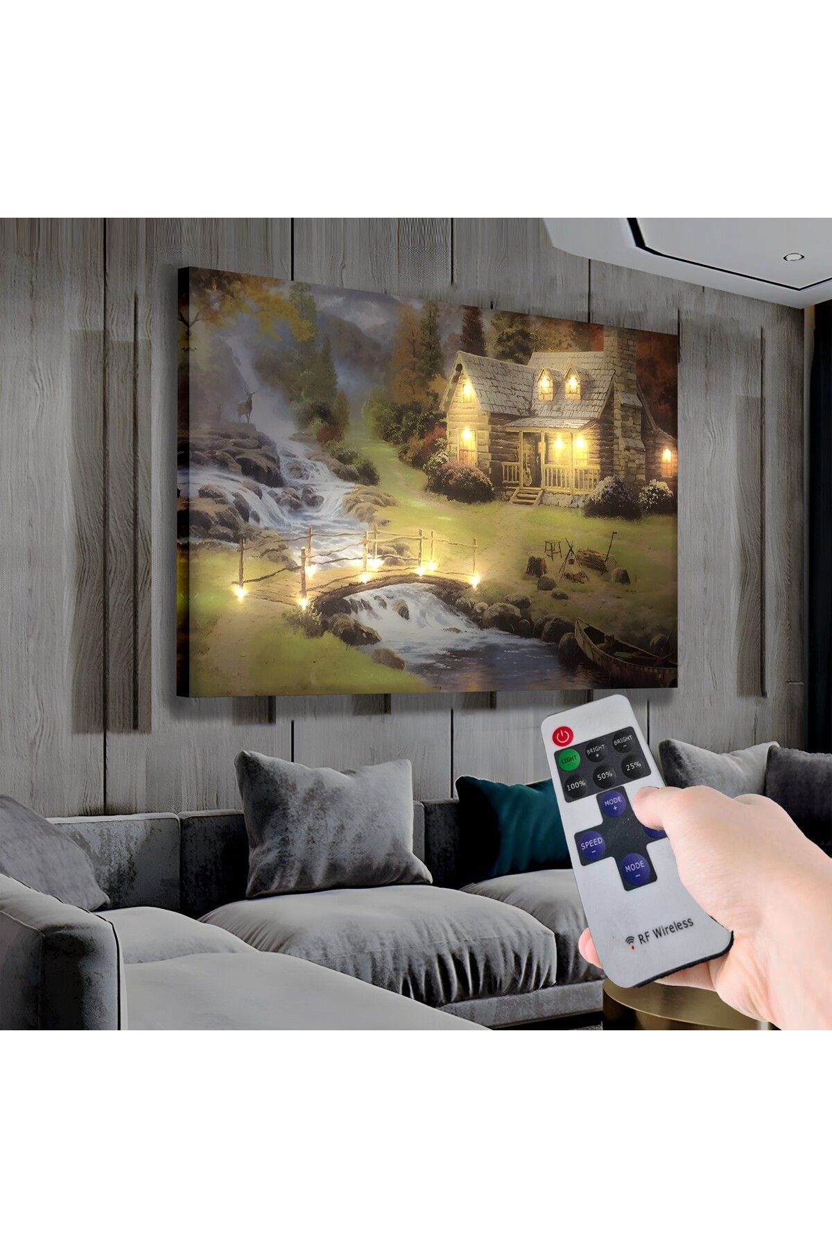 EMYA HOME Led Işıklı Uzaktan Kumandalı Dağ Evi Kanvas Tablo
