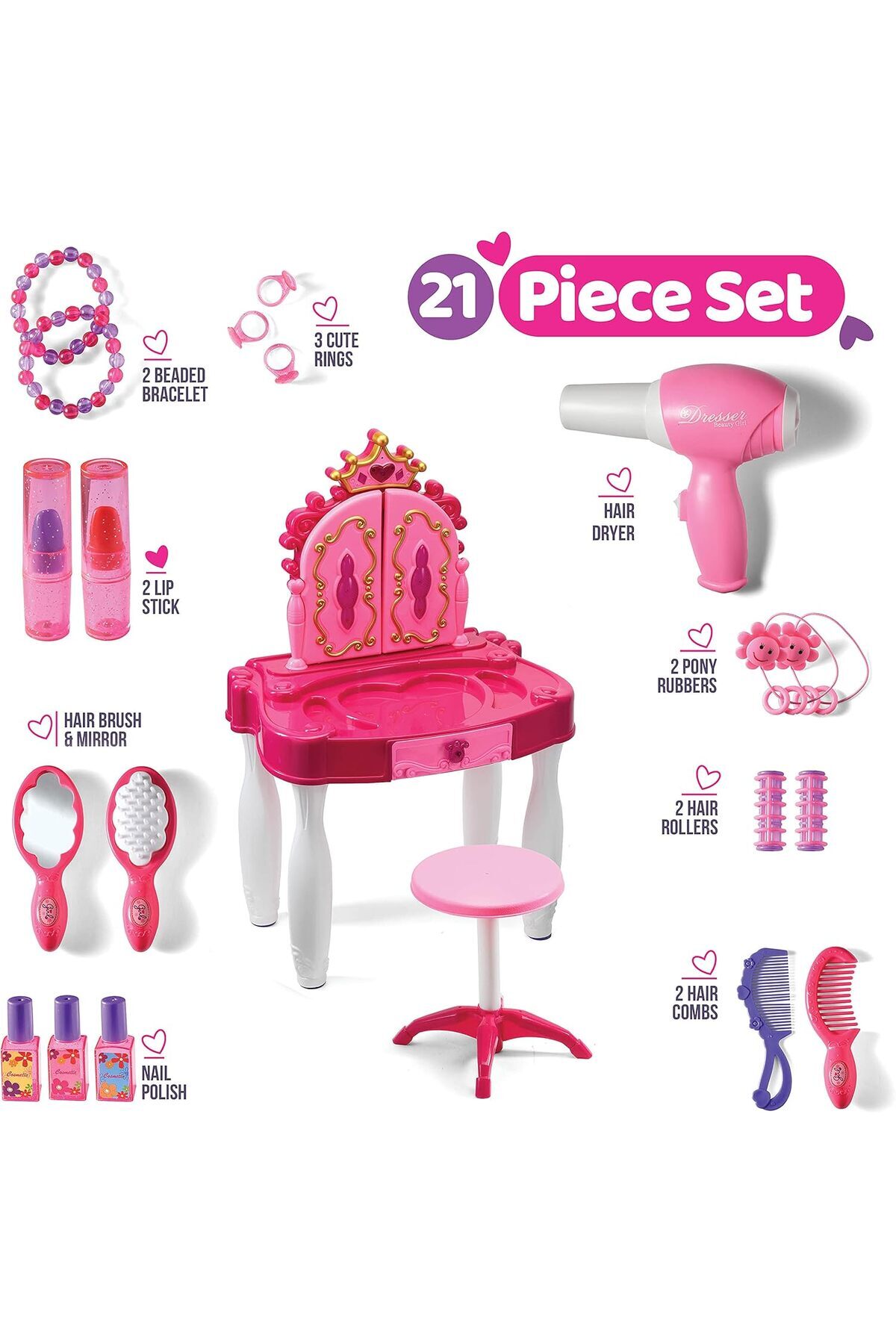 مجموعة ألعاب فانيتي للبنات مع مرآة وكرسي مكونة من 20 قطعة تتضمن إكسسوارات الشعر والمكياج
