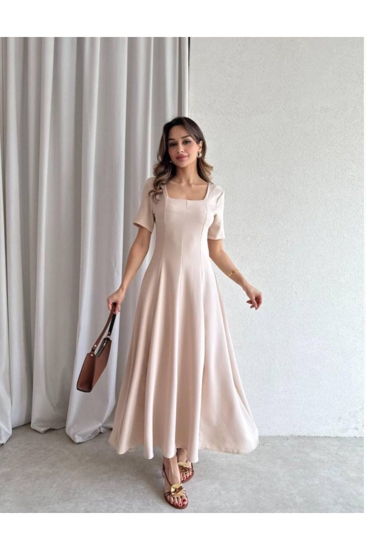maf collection Kadın Bej Krep Kumaş Kare Yaka Kısa Kol Abiye Mezuniyet Elbisesi