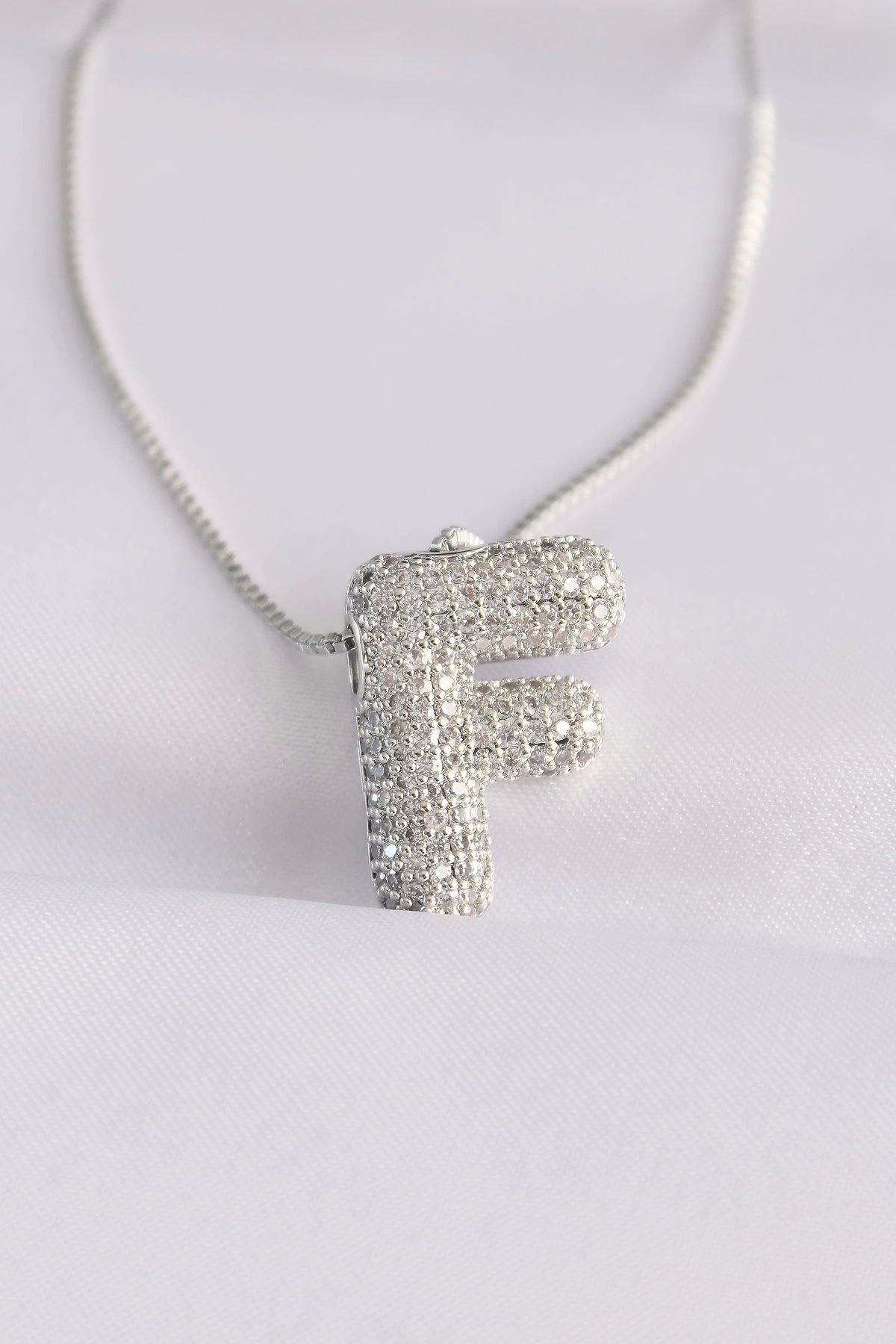 Clariss 316L Çelik Zincirli Zirkon Taşlı F Harfli Silver Renk Bubble Kolye