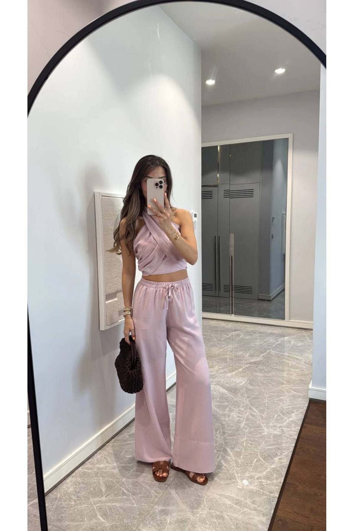 Miss Beyoğlu Vizon Boyun Bağlama Detaylı %100 Keten Takım