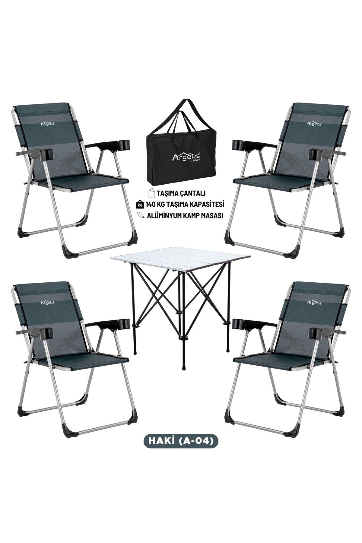 ARGEUS 4 Adet Katlanır Kamp Sandalyesi ve Alüminyum Masa Seti - Rock Silver - Haki - Taşıma Çantalı
