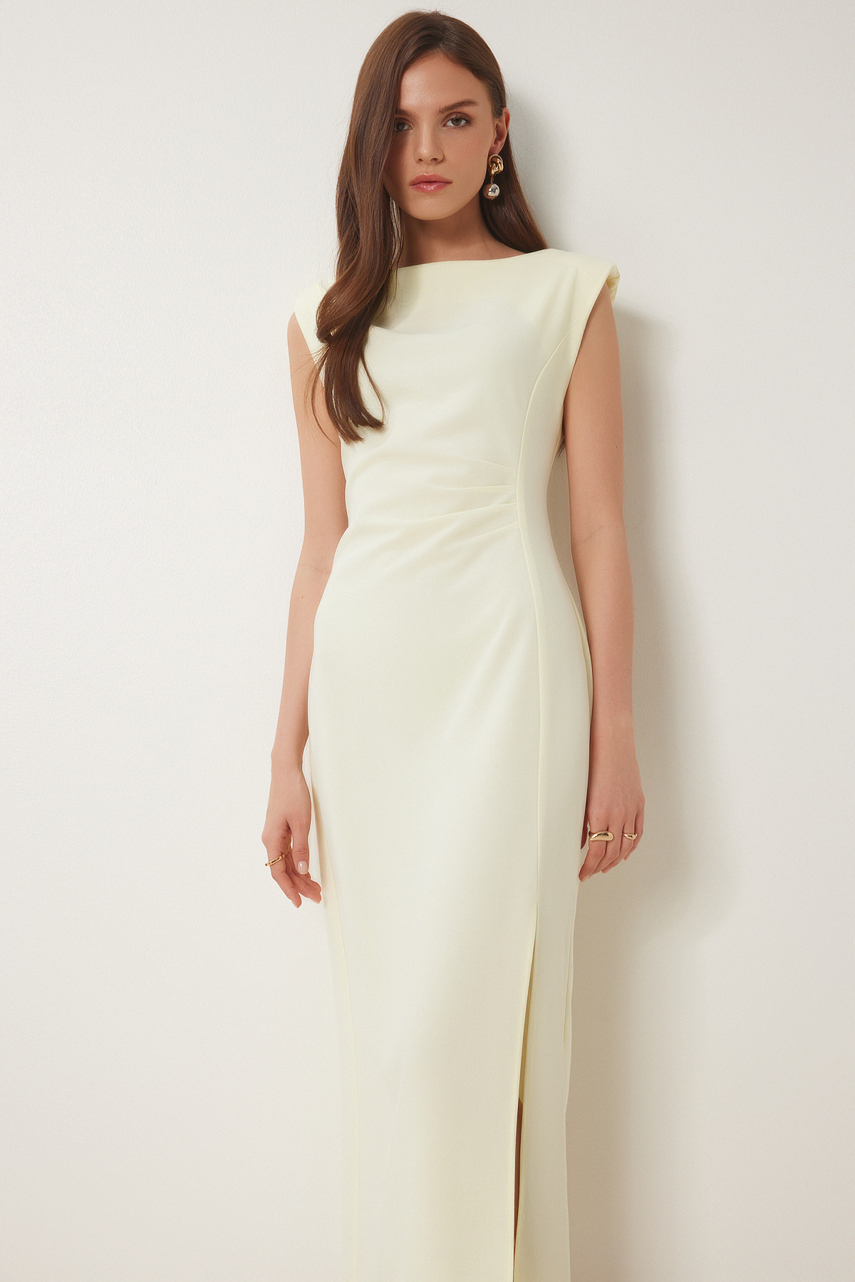  Happiness ?stanbul Kad?n Sar? Vatkal? Drapeli Midi Dokuma Elbise