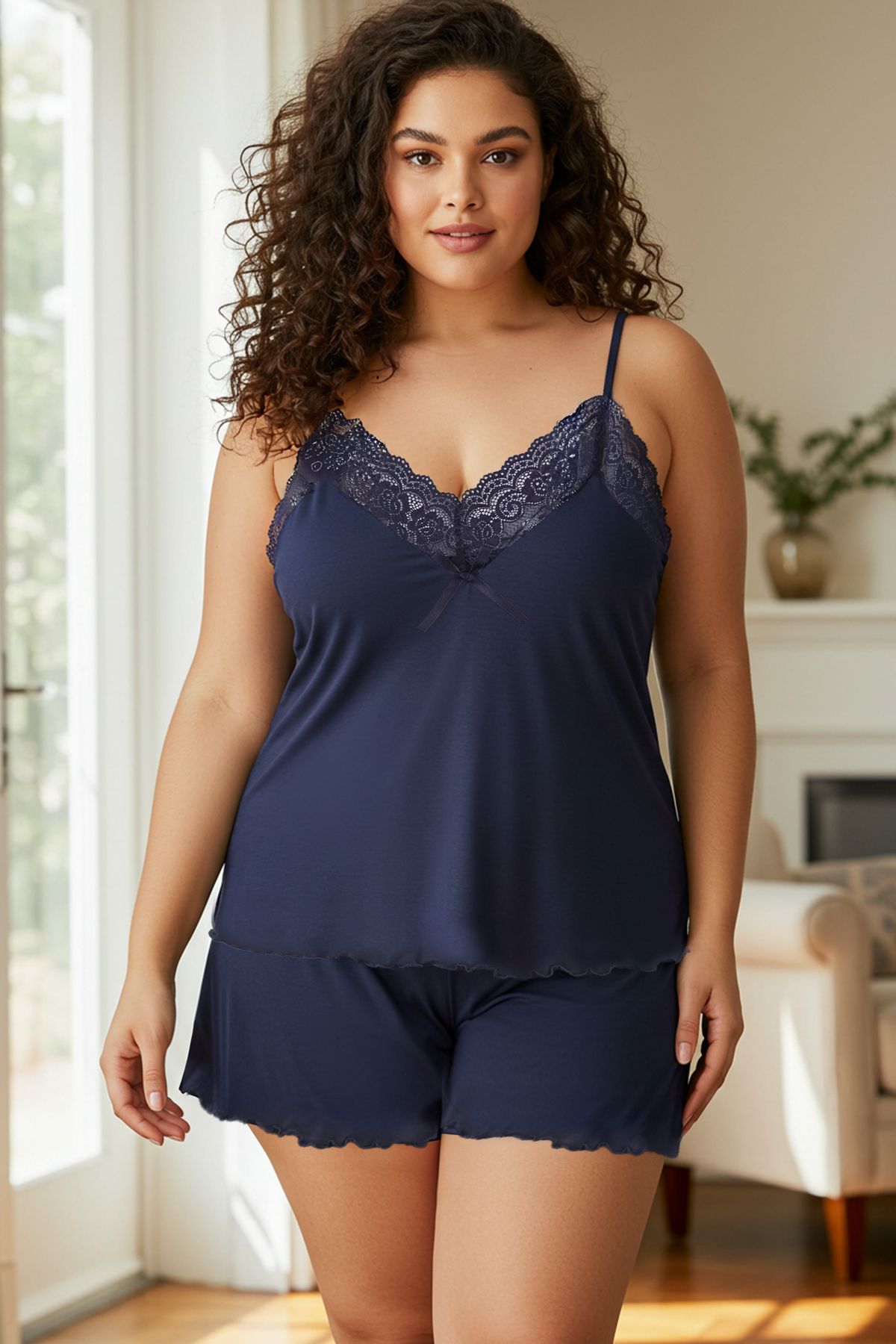 Trendyol Curve Marineblaues, gerüschtes Strickpyjama-Set mit V-Ausschnitt TBBSS25AI00098