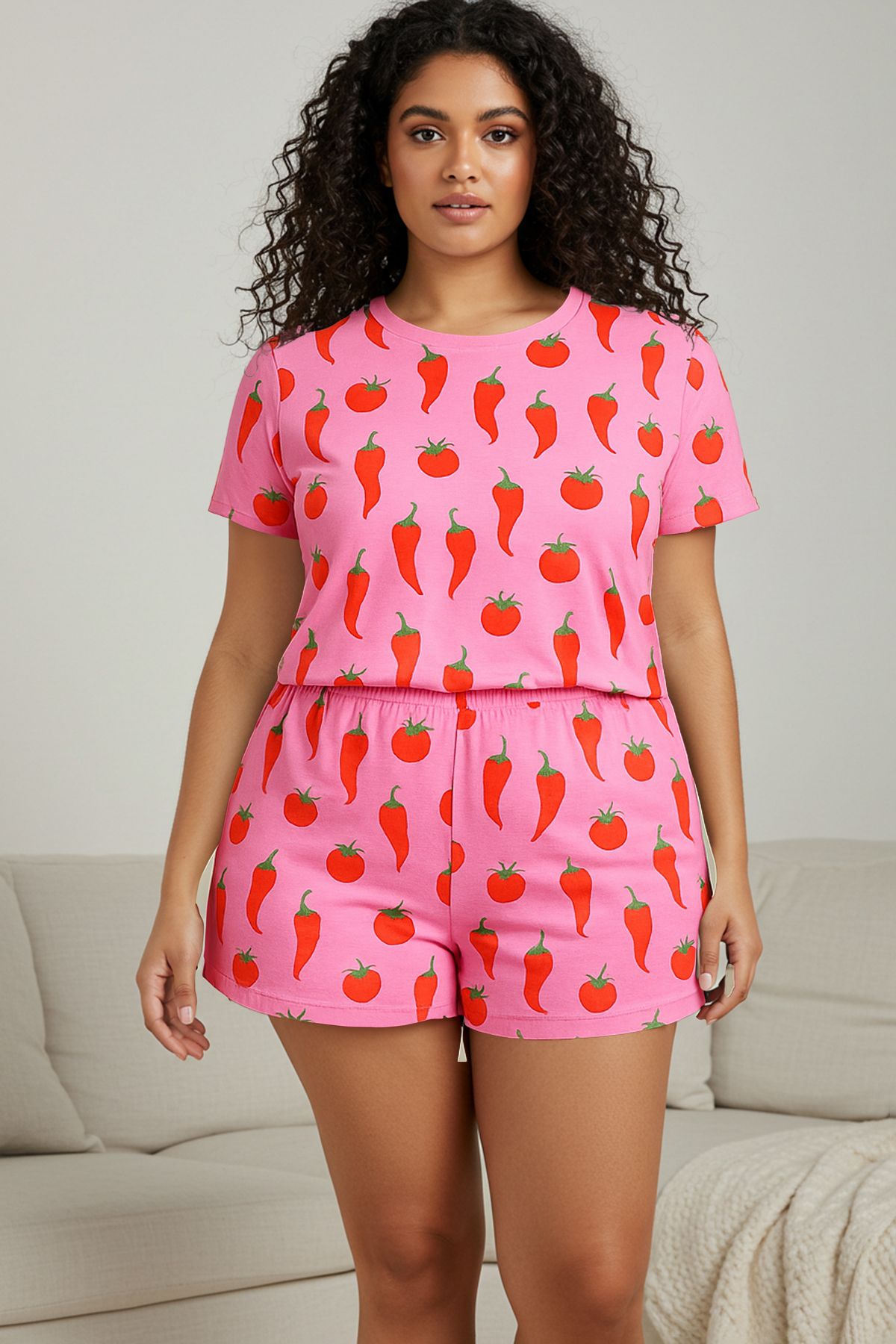 Trendyol Curve Zestaw Piżam Dzierganych Z Wzorem Pink Pepper Tbbss24ai00025 Kobieta - 3XL