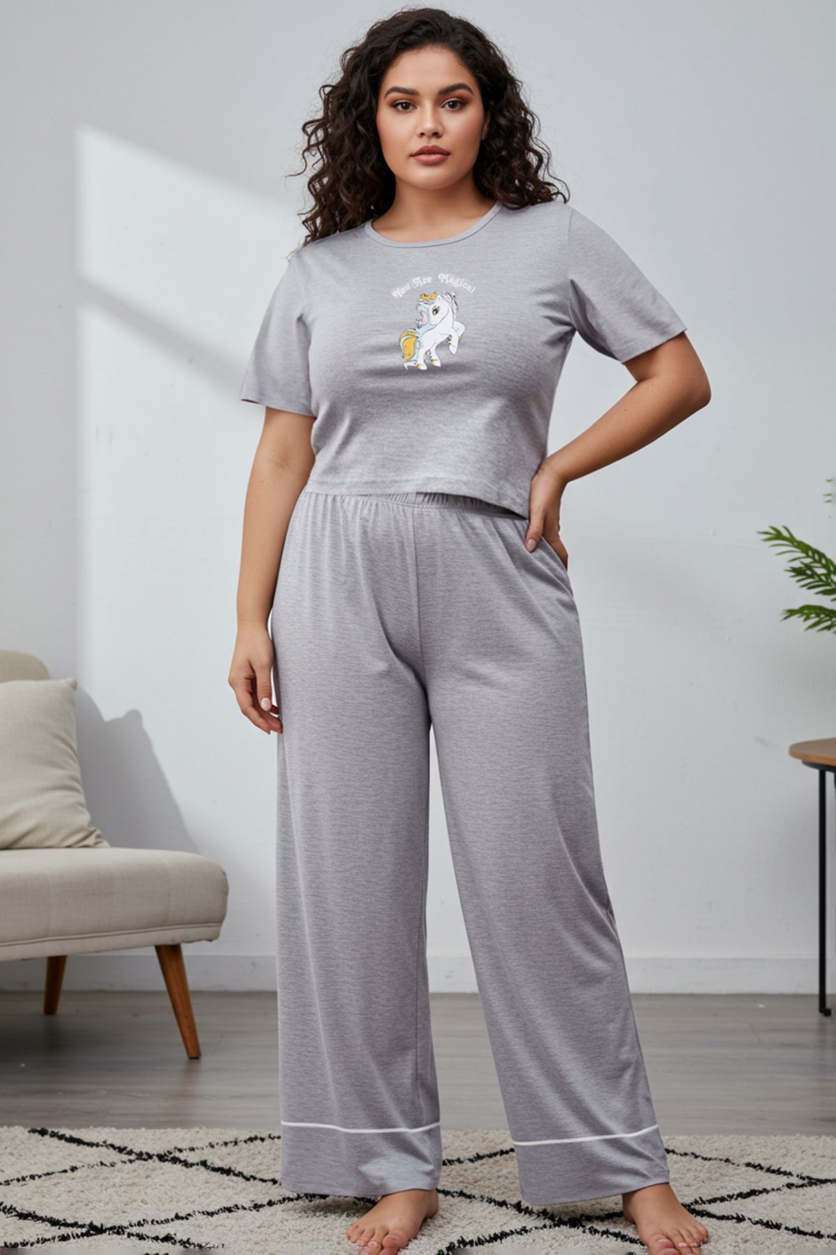 Trendyol Curve Szary Dzianinowy Zestaw Piżam - Szerokie Nogawki, Tbbaw23ai00040 Kobieta - 2XL