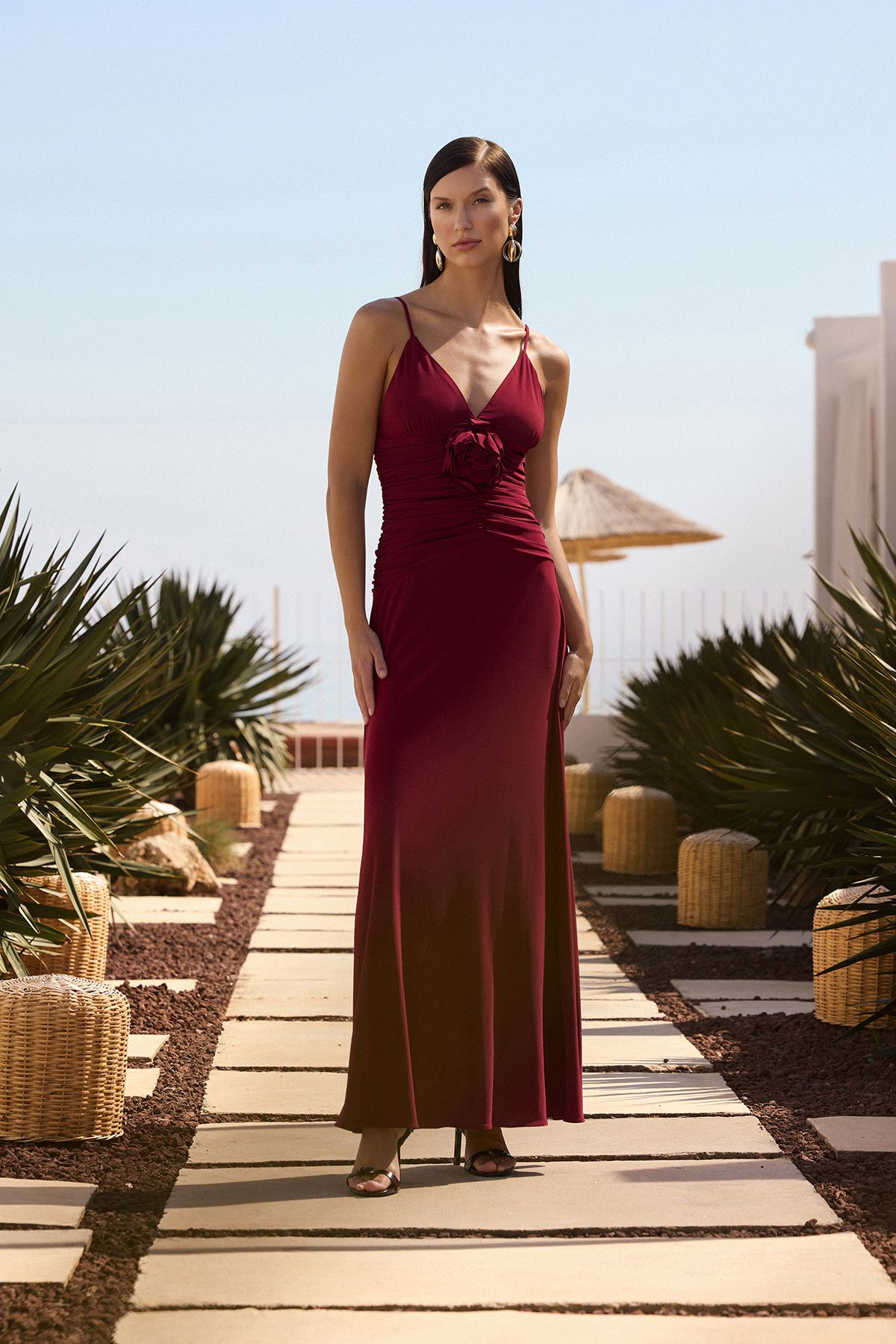 Trendyol Collection Burgundowa Różowa Dzianinowa Długa Elegancka Sukienka Wieczorowa Na Studniówkę Kobieta - 38