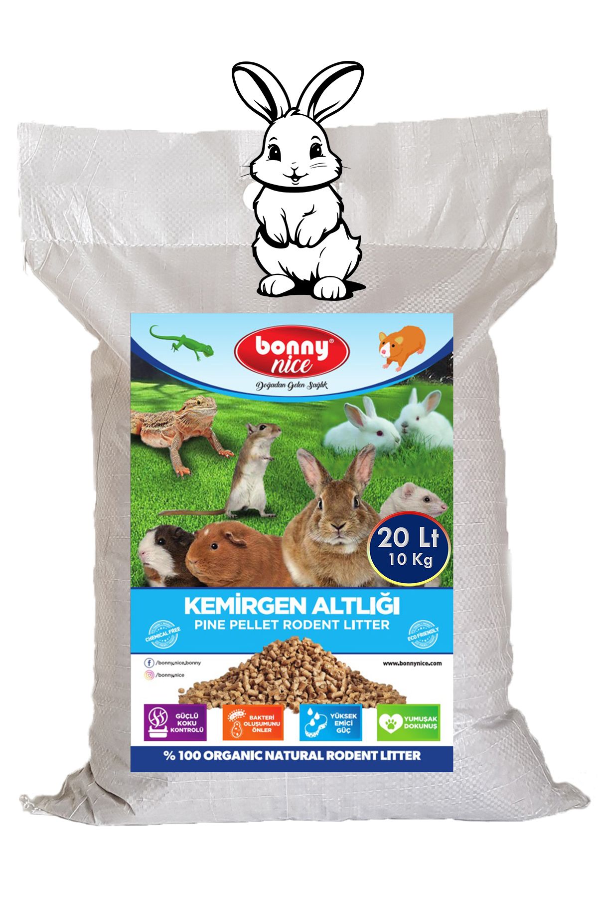 Bonny Nice Yavru/Yetişkin için %100 Biyobozunur, Doğal Çam Talaşı Pelet Tavşan Kafes Altlığı 10 Kg. 20 Lt.