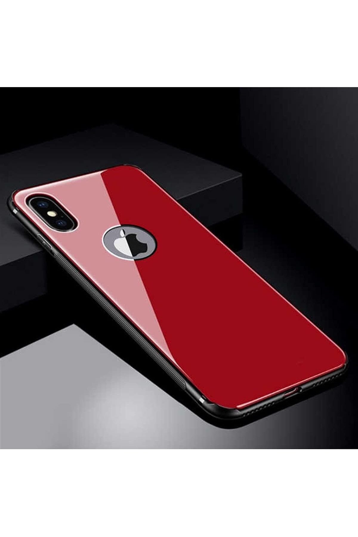 STOREMAX dlshop 3873 iPhone X ile Uyumlu Kılıf Düz Ebruli Cam Kapak, Kırmızı star 990396