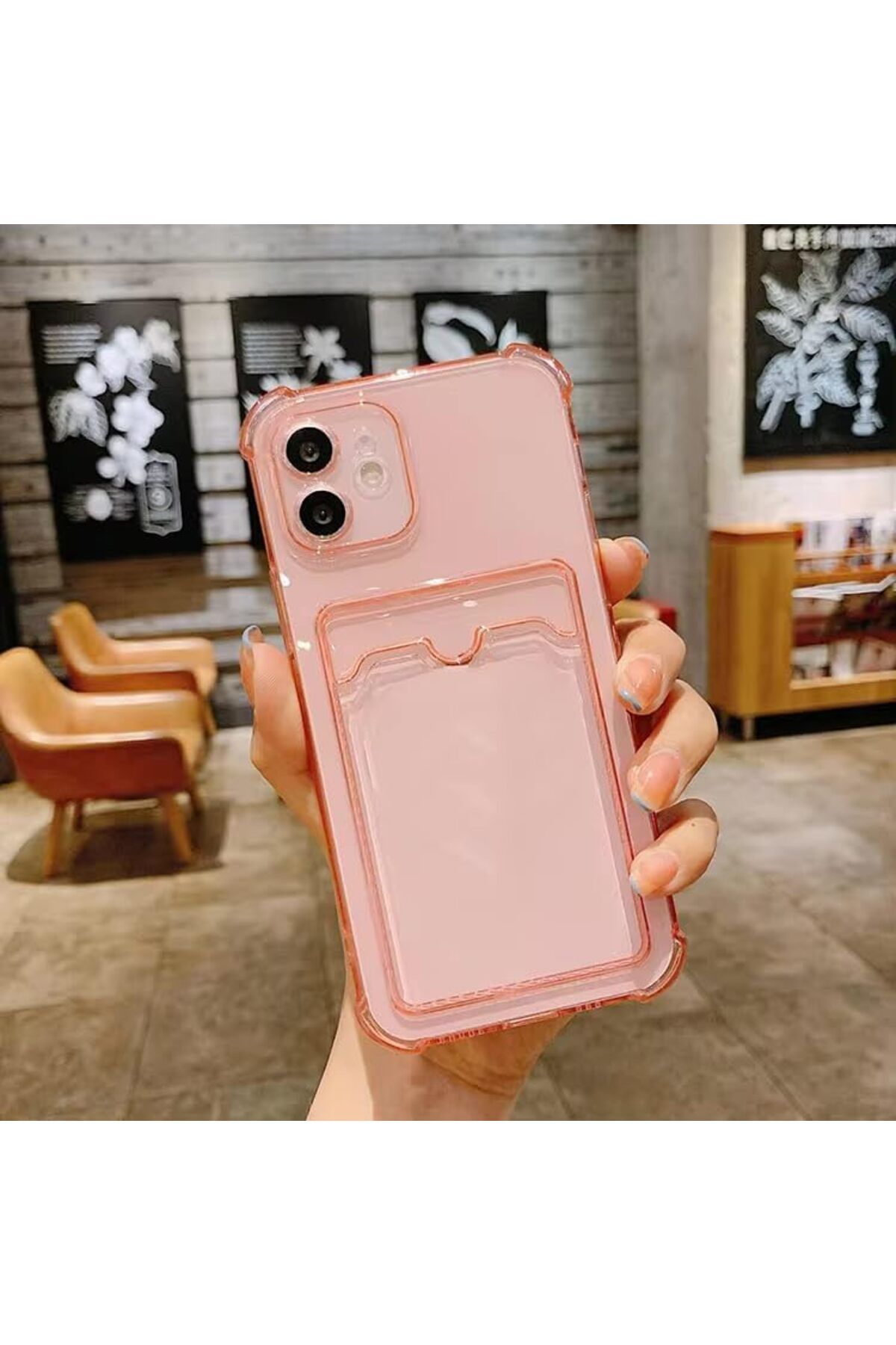 STOREMAX srhtDS GİYİM & AKSESUAR Iphone 12 (6.1) Uyumlu Lüx Kartlıklı Şeffaf Telefon Kılıfı (PEMBE)