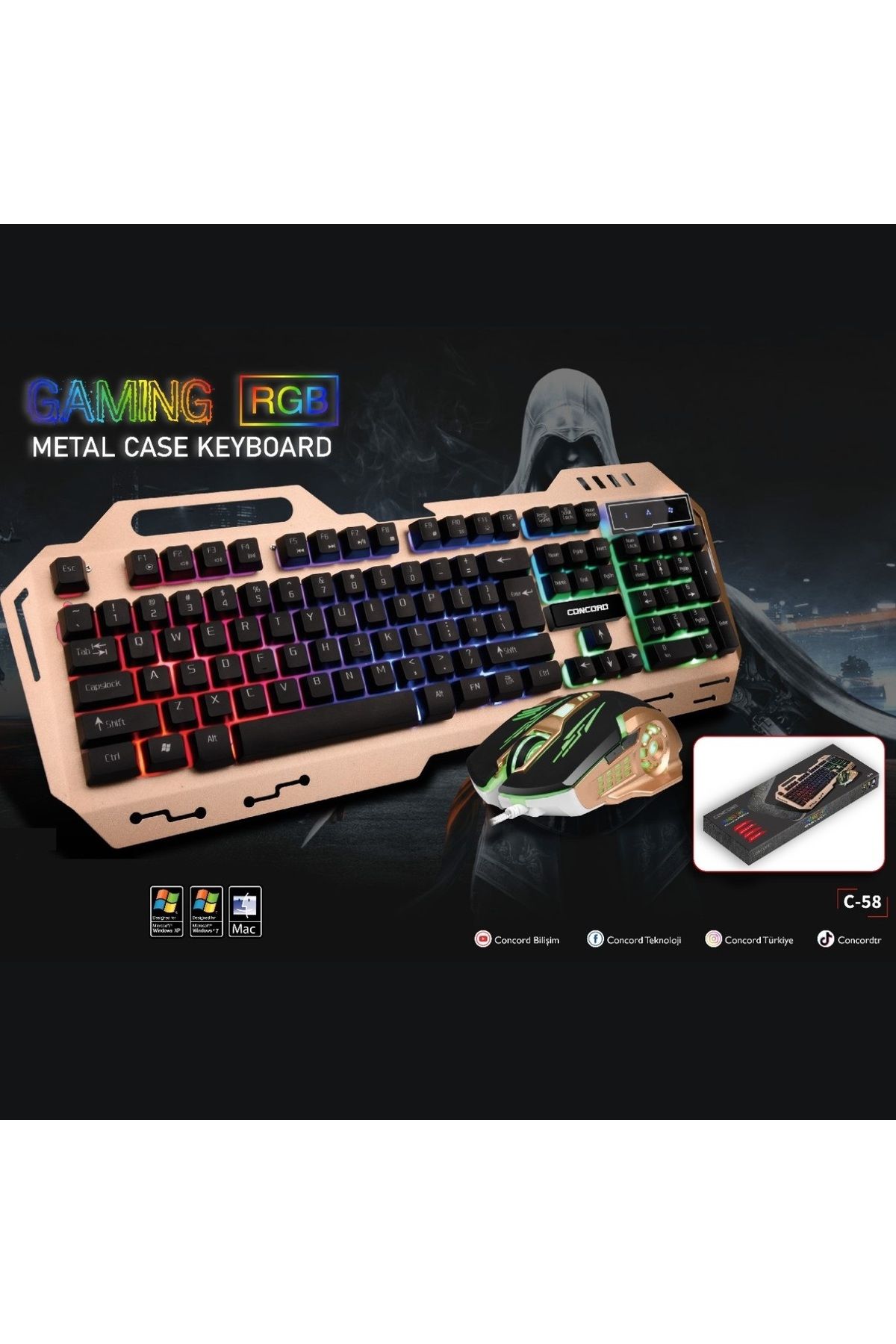 onlinebutik Aydınlatmalı Metal Kasa Q Gaming RGB Mouse Klavye Set Concord C-58