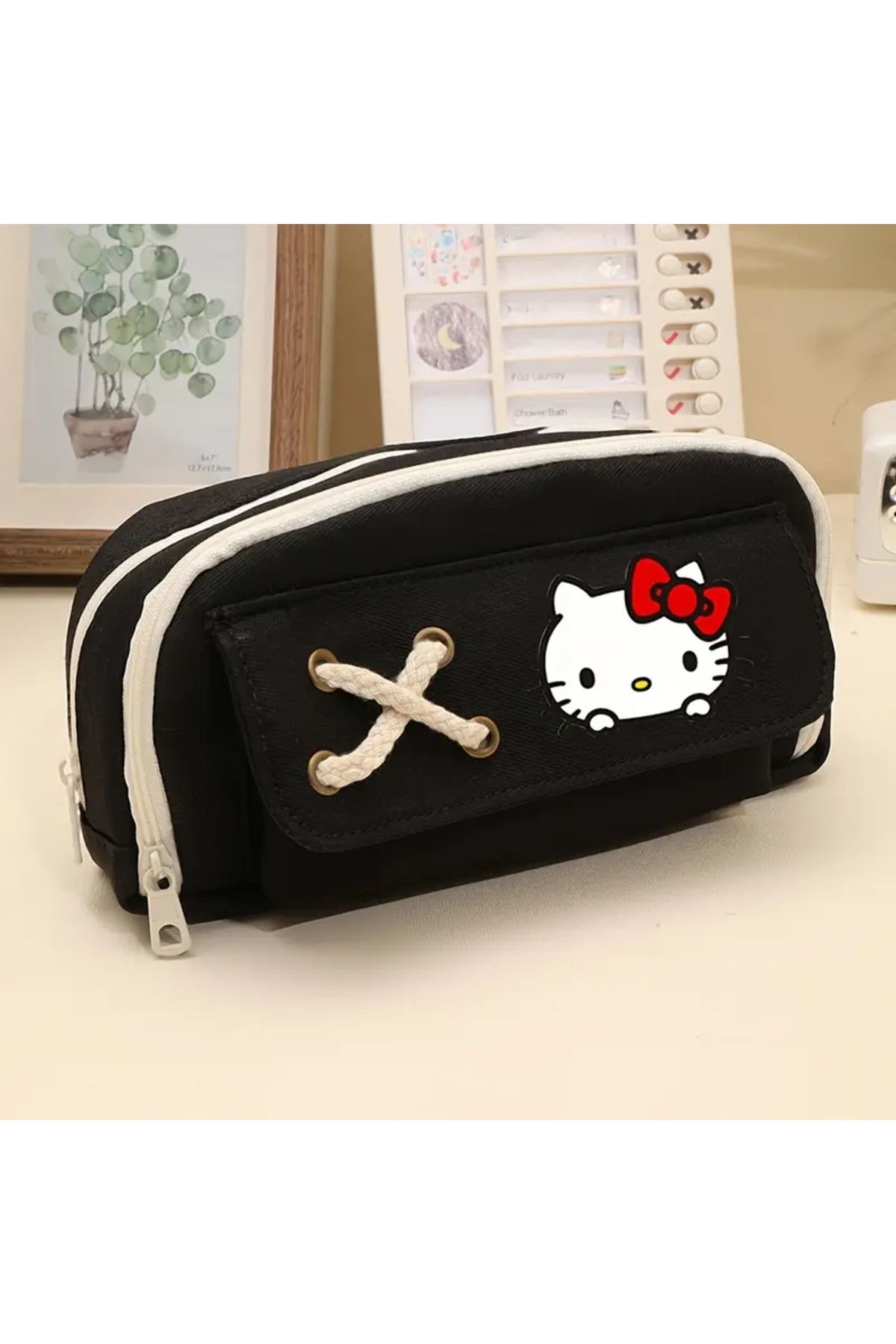 ada çanta kırtasiye Hello Kitty figürlü 3 bölmeli bağcık süslemeli kalem kutusu/çantası AD6124