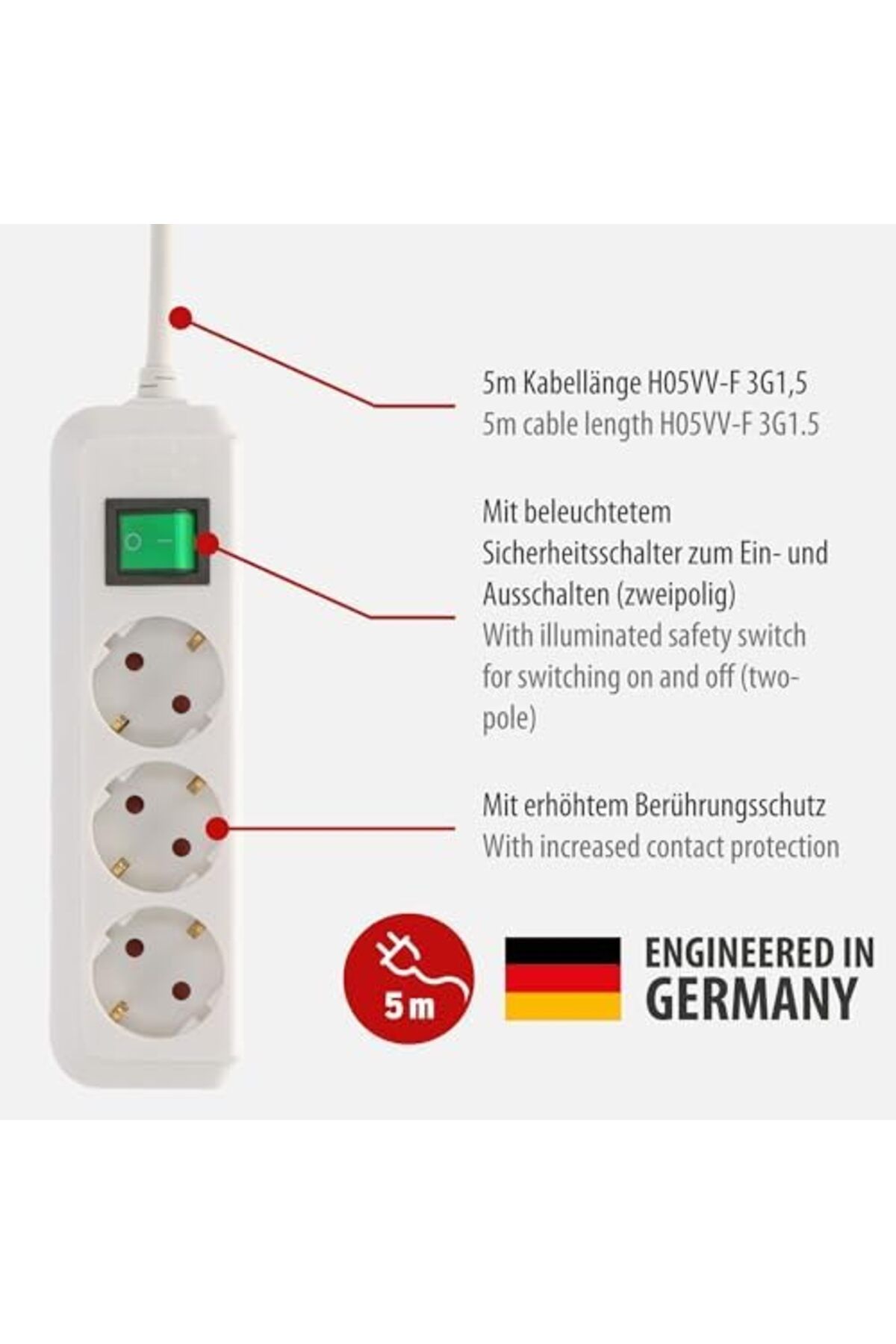 STOREMAX-Mrttnca Eco-Line, Multi-Socket, 3-St (Multi-Socket with High Contact Protection, Switch and 5 m Cable), 2