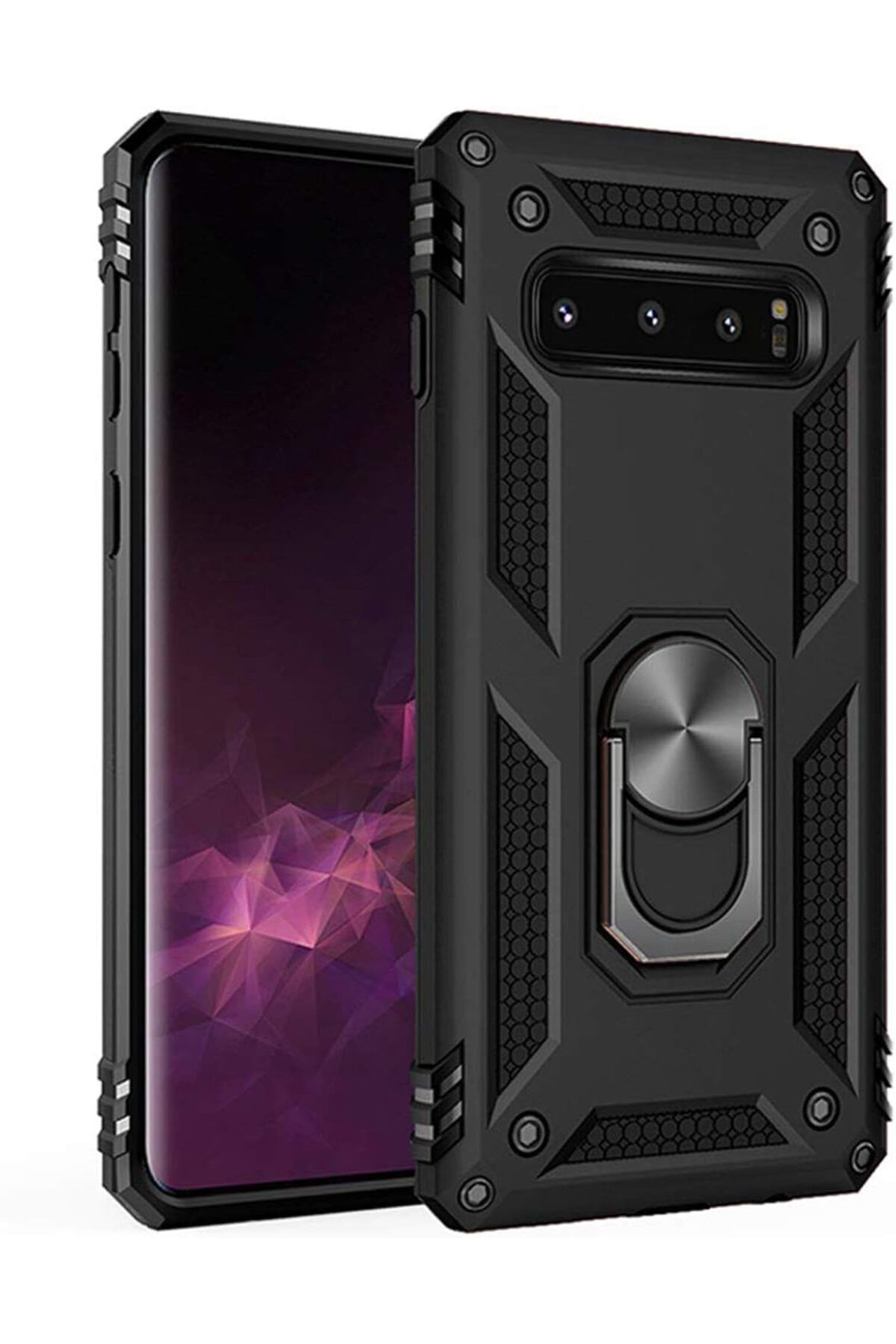 STOREMAX htpshopmx Galaxy S10 için Kılıf Military Ring Holder Siyah [Galaxy S10 ile Uyumlu Kılıf - Siyah