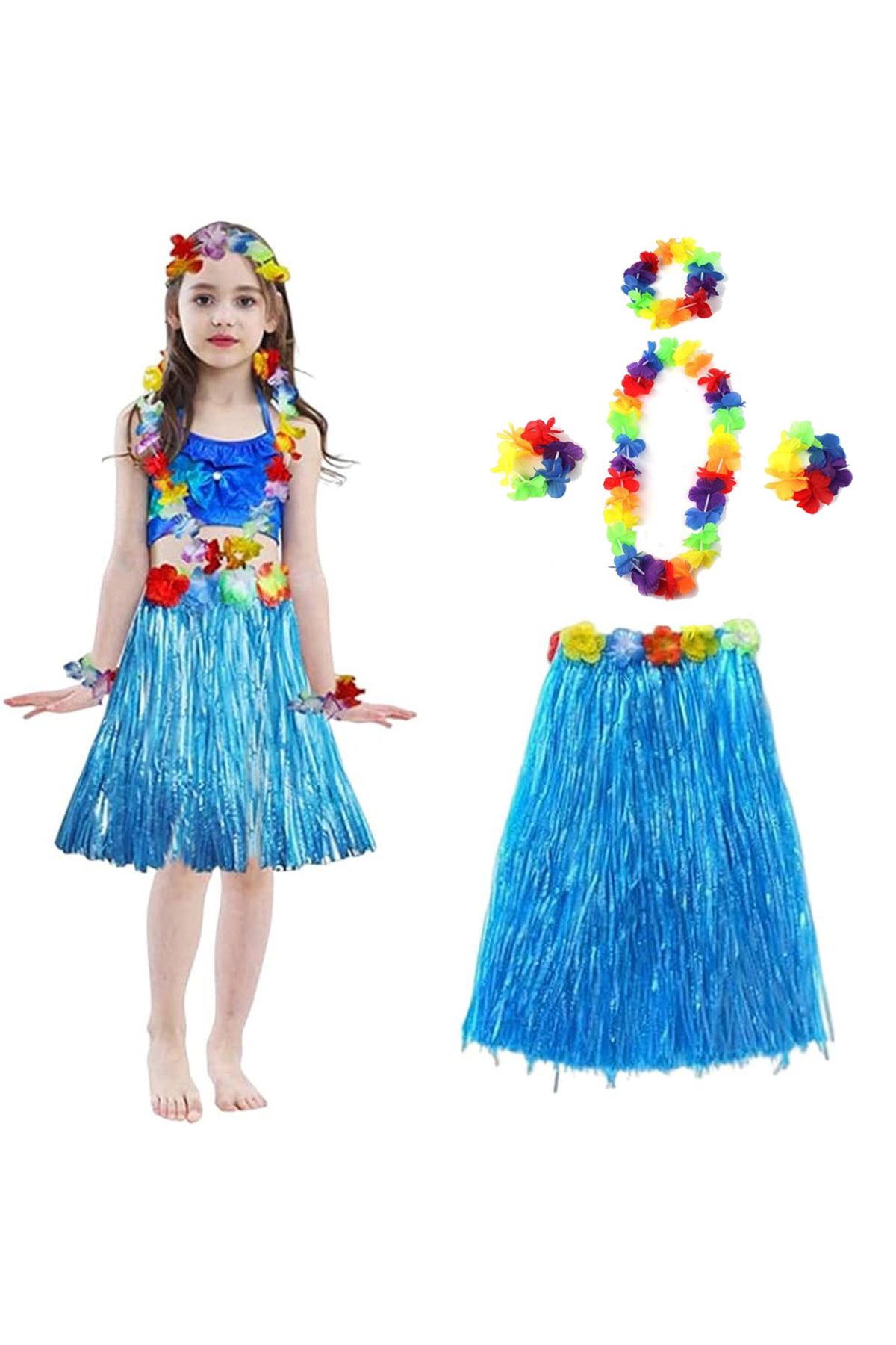 STOREMAX nffashopm Yetişkin ve Çocuk Uyumlu Hawaii Luau ha Mavi Püsküllü Etek Kolye ve 2 Adet Bileklik