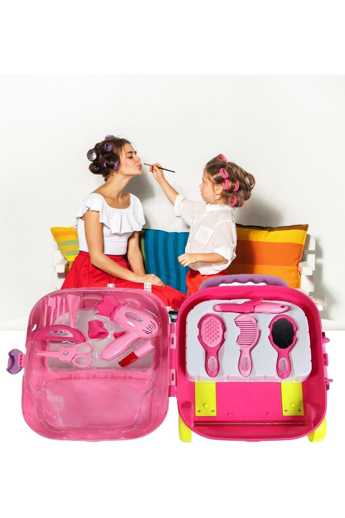 yenibagshop Çek-Çek Valizli Büyük Boy 15 parça Güzellik Seti 2in1 - Kuaförcülük Oyun Seti