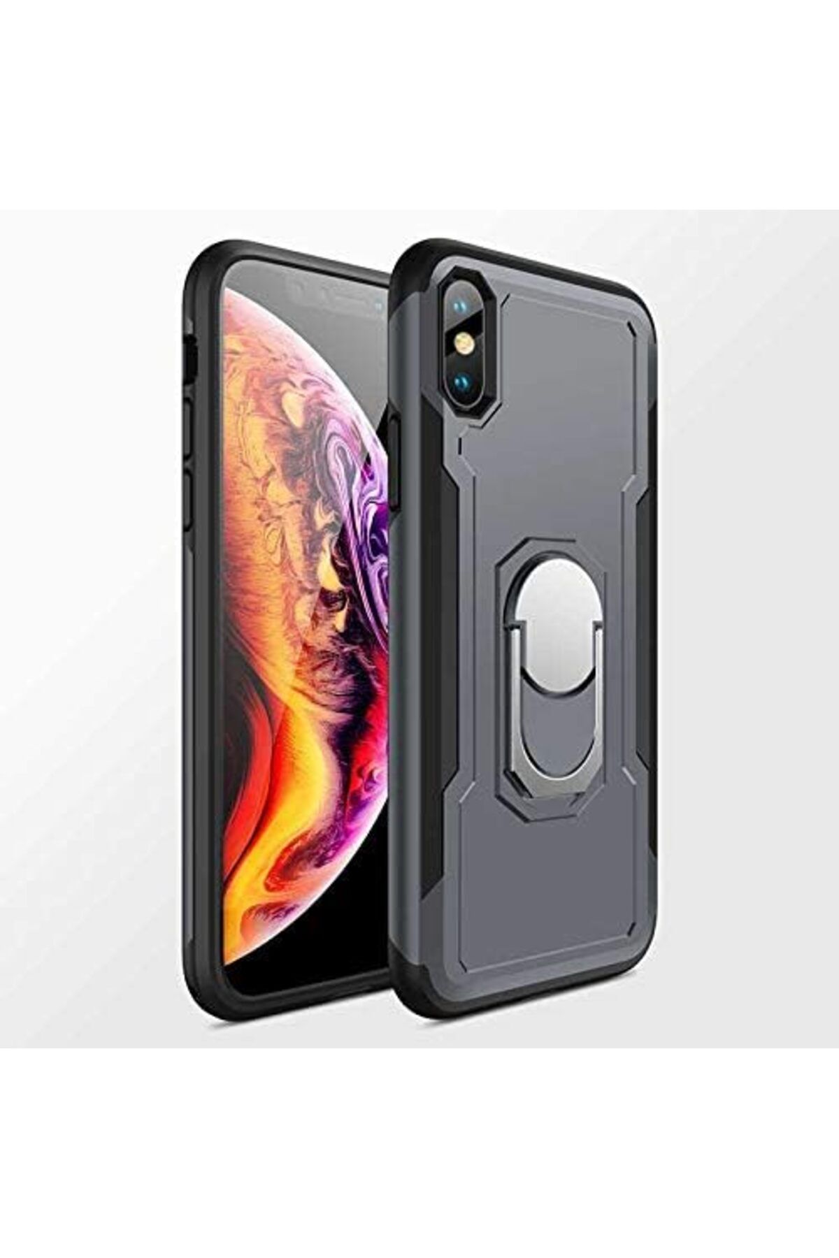 STOREMAX glpzr X/XS Uyumlu Darbeye Karşı Dayanıklı Standlı Yüzüklü Tank Kılıf (Gri, iPhone X/XS) tr