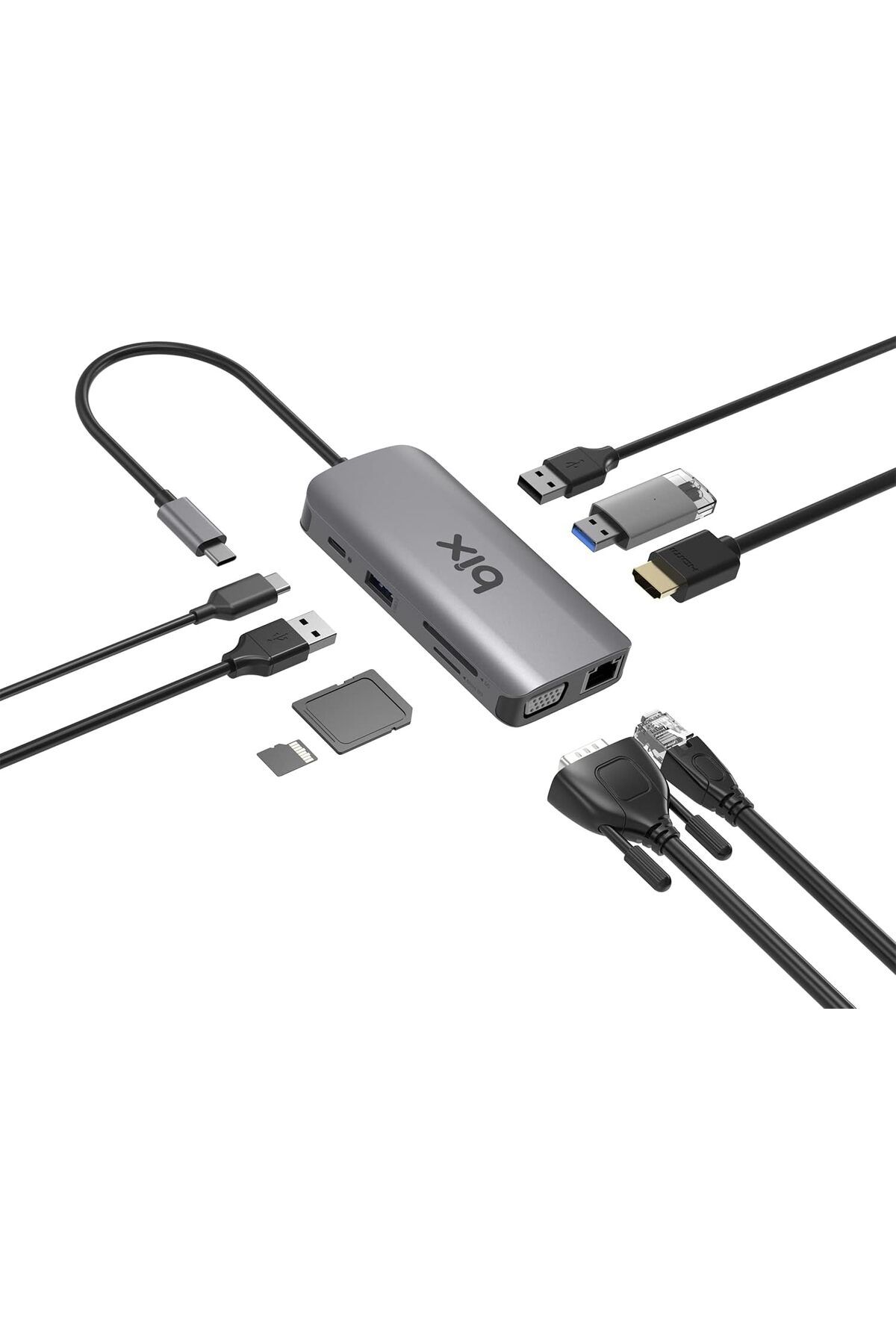 STOREMAX lbstorex BX17HB 9'u 1 Arada USB-C Hub, 4K@30Hz HDMI, VGA, RJ45, 100W Type-C Şarj Port, 3 x USB 3.2
