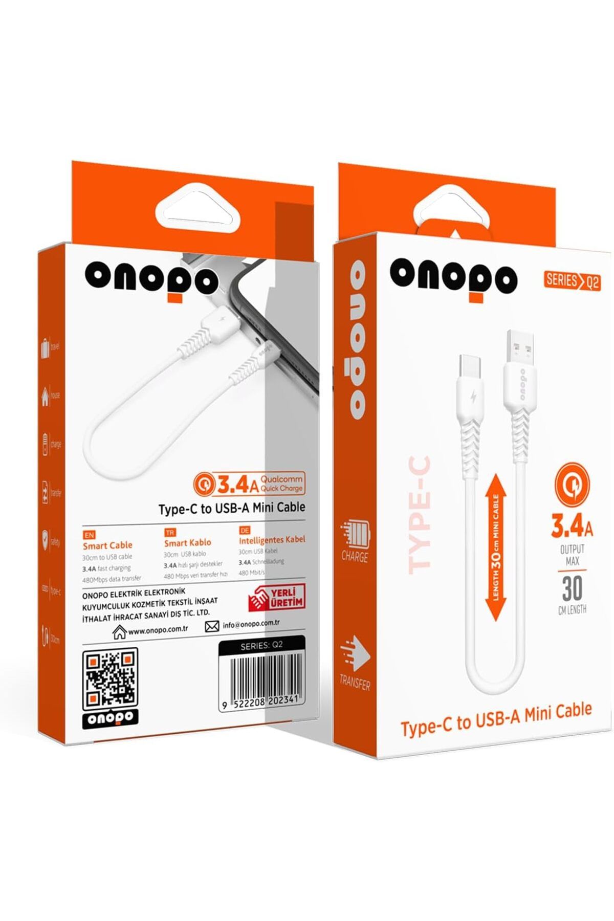 STOREMAX htpshopmx Android Uyumlu Type-C To USB Mini Kablo 3.4A Hızlı Şarj ve Data Kablosu 30cm- Q2 strhtt