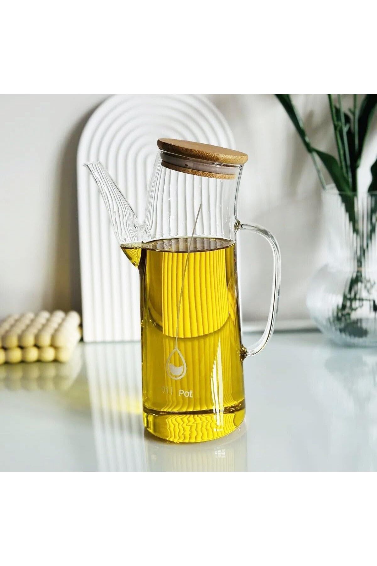 STOREMAX Bambu Kapklı Borosilikat Cam Yağlık & Sirkelik – 1 Litre | Isıya Dayanıklı & Sızdı