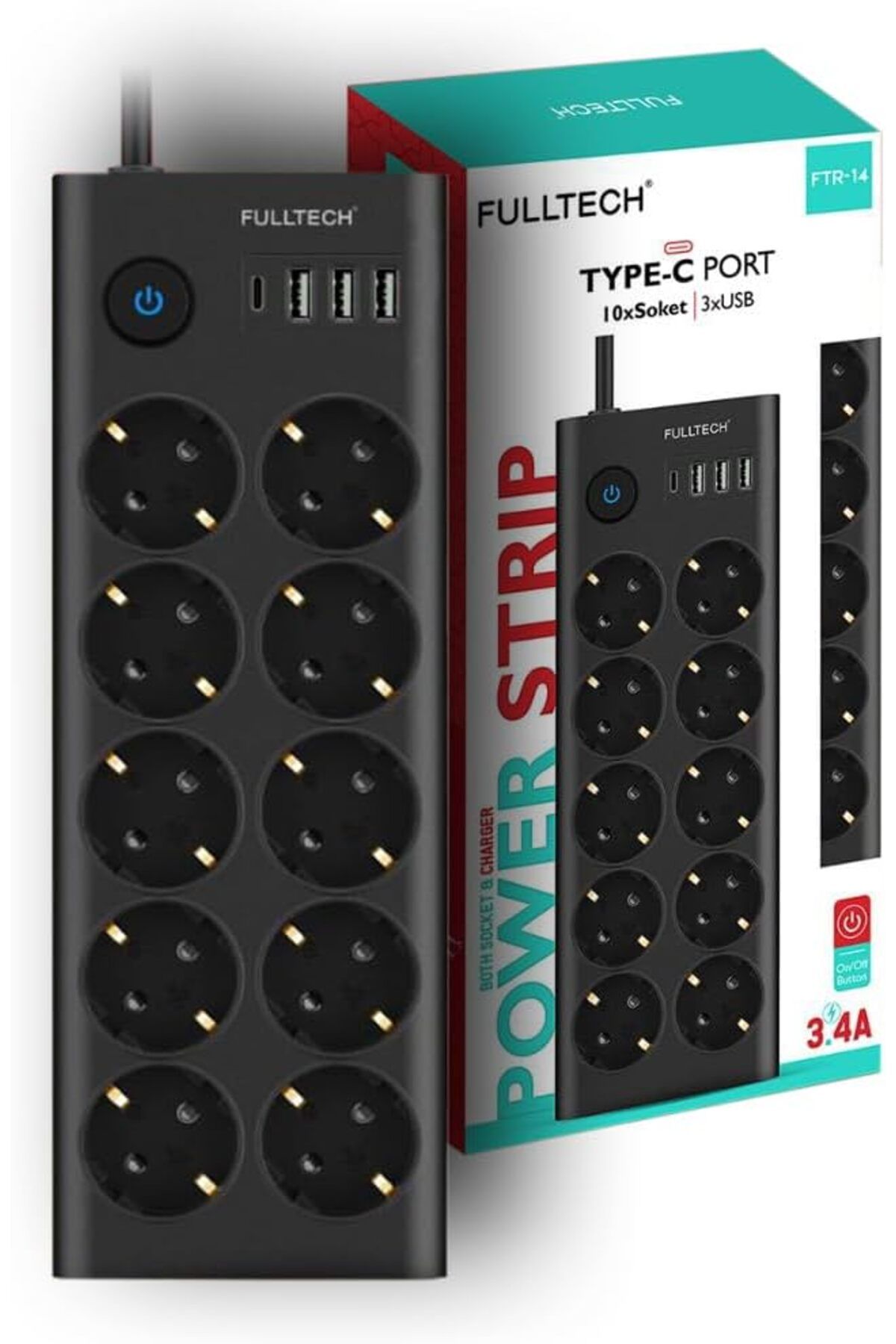 STOREMAX mrttnca Type-C Port Girişli Akım Korumalı 10'lu Priz, 3 USB, 1 Type-C Giriş, Isıya Dayanıklı,