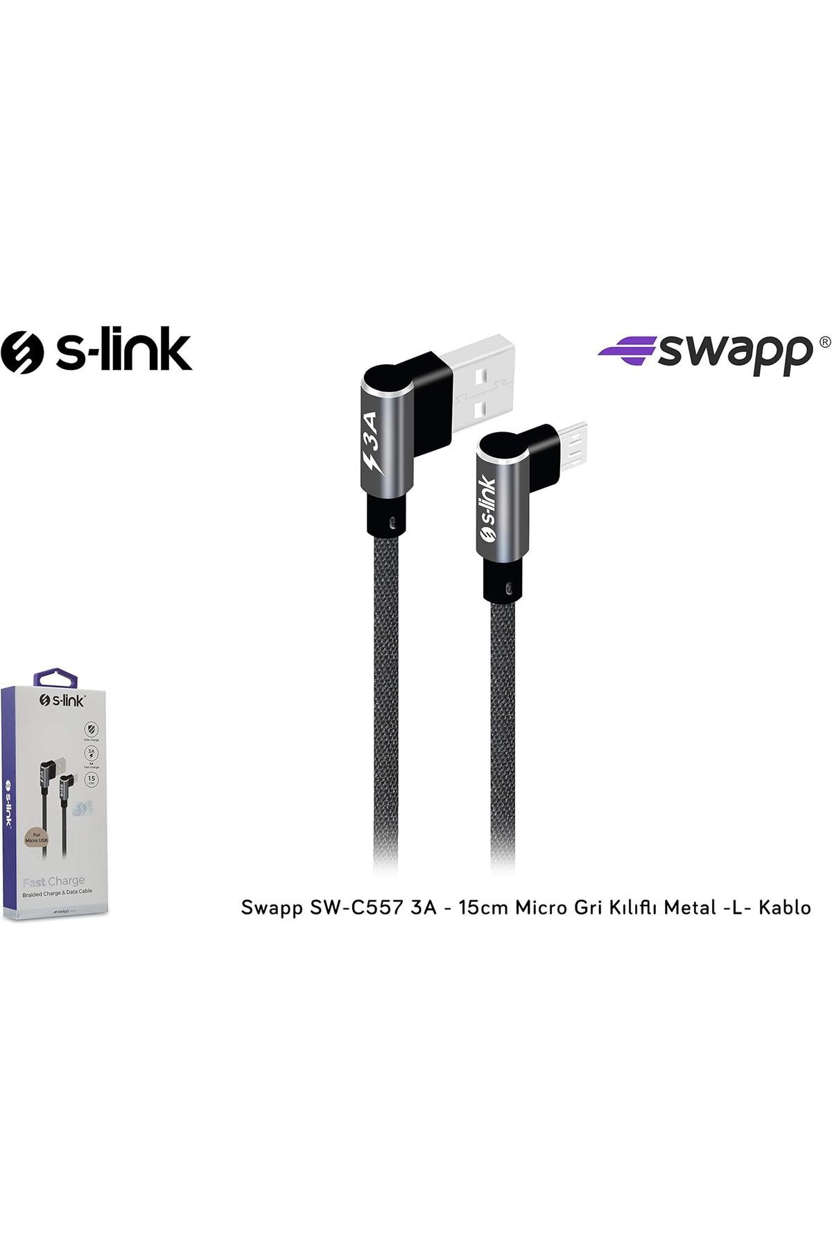 STOREMAX bystoreby SW-C557 3A - 15cm Micro Gri Kılıflı Metal -L- Kablo NewDesing 646268