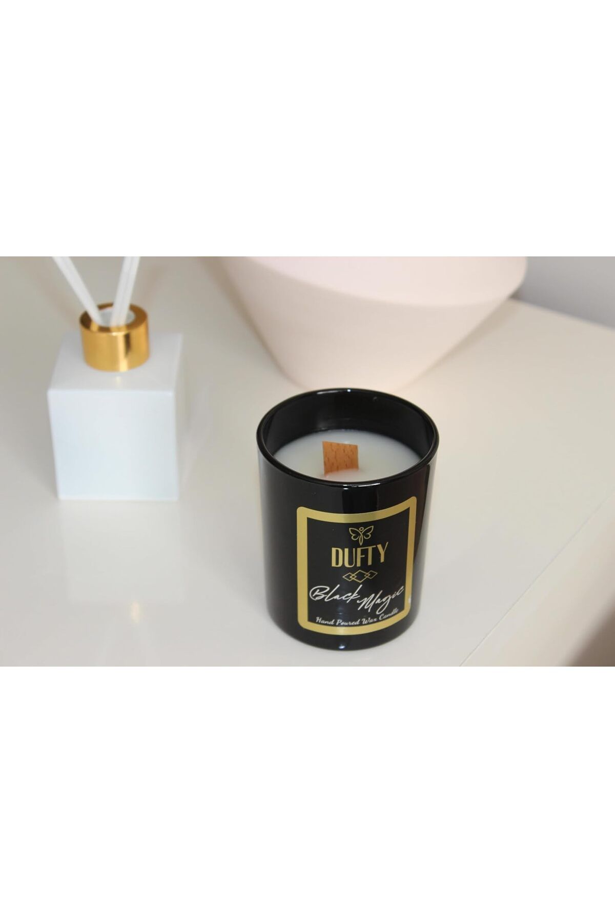 yenibagshop VANİLYA KOKULU MAT SİYAH BARDAK MUM AHŞAP FİTİL NUR MUM